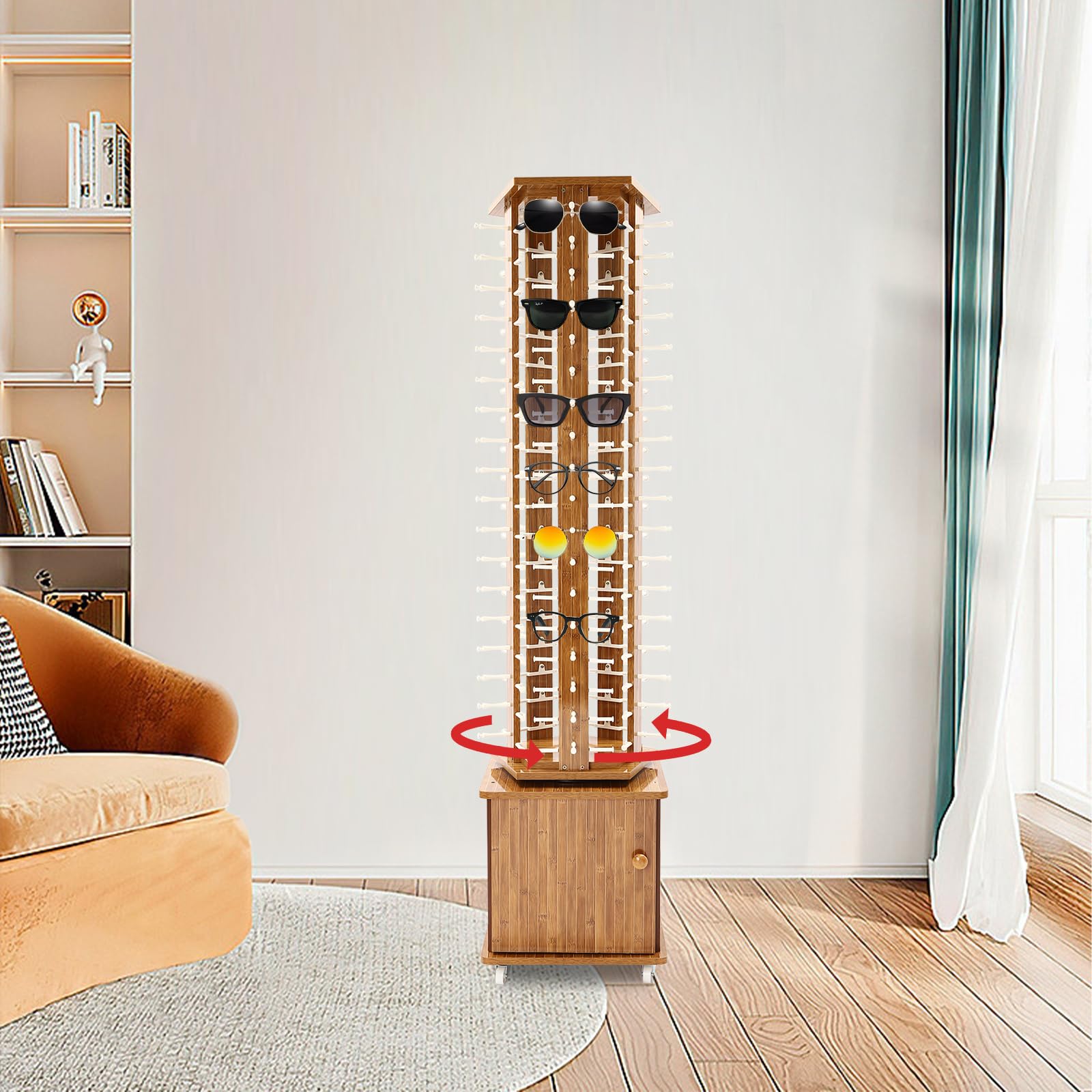 90 Pairs 360° Rotating Sunglasses Display Stand with Wheels & Drawer - 5-Sided Eyeglass Carousel Rack for Retail Stores, Optical Shops & Home Use - Perfect for Eyewear Showcase, Store Organization & Space Saving