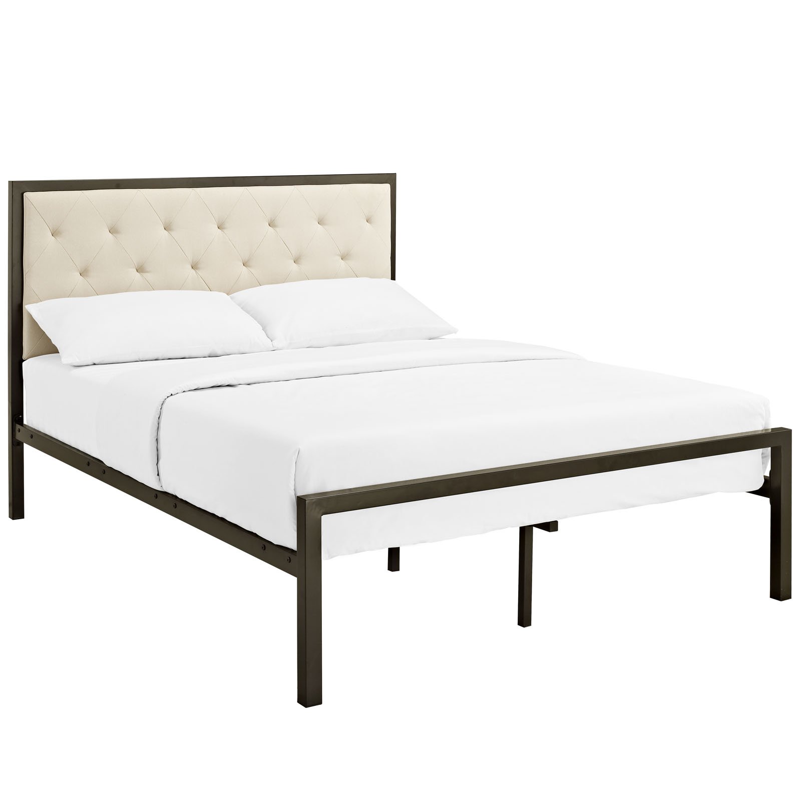 Modway Mia Full Size Upholstered Platform Bed - Brown Beige Tufted Headboard with Metal Slat Support | Modern Bedroom Furniture for Small Spaces & Guest Rooms