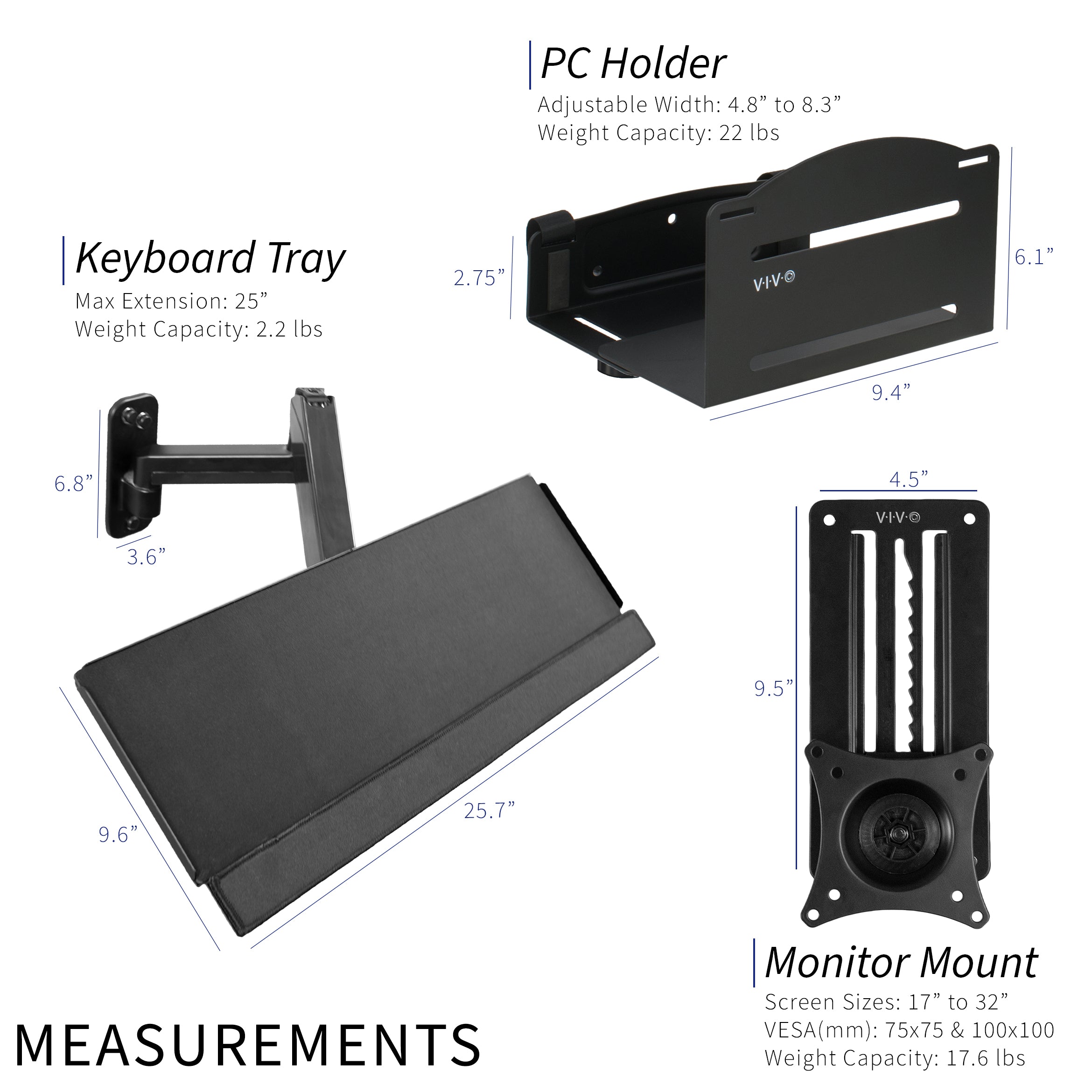 Single 17 to 32 Inch Monitor Wall Mount with Keyboard Tray & PC Mount - Space Saving Desk Setup for Home Office & Gaming