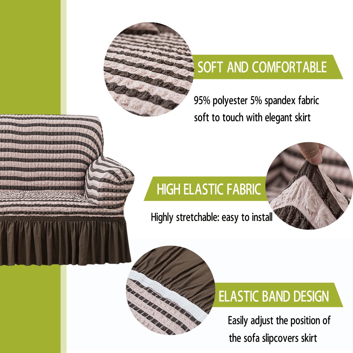 Stretch Sofa Slipcover - Washable Elastic Furniture Protector for Couch, Sofa & Bed - Fits Small Couches with Skirt - Pet & Kid Friendly - Striped Brown - Perfect for Living Room, Family Room & Home Decor