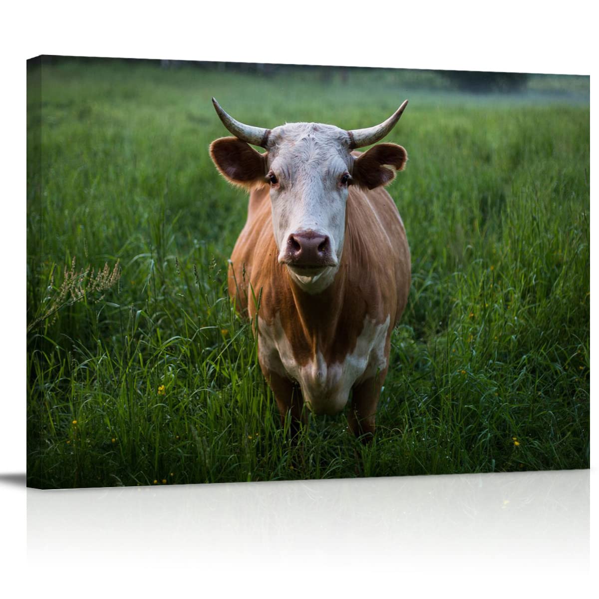 Brown Cattle Pasture Grass Sunshine Nature Canvas Wall Art - Framed Animal Painting for Bathroom, Bedroom & Home Decor | Farmhouse Rustic Wall Decor, Stretched Ready-to-Hang Artwork for Living Room, Office & Nursery
