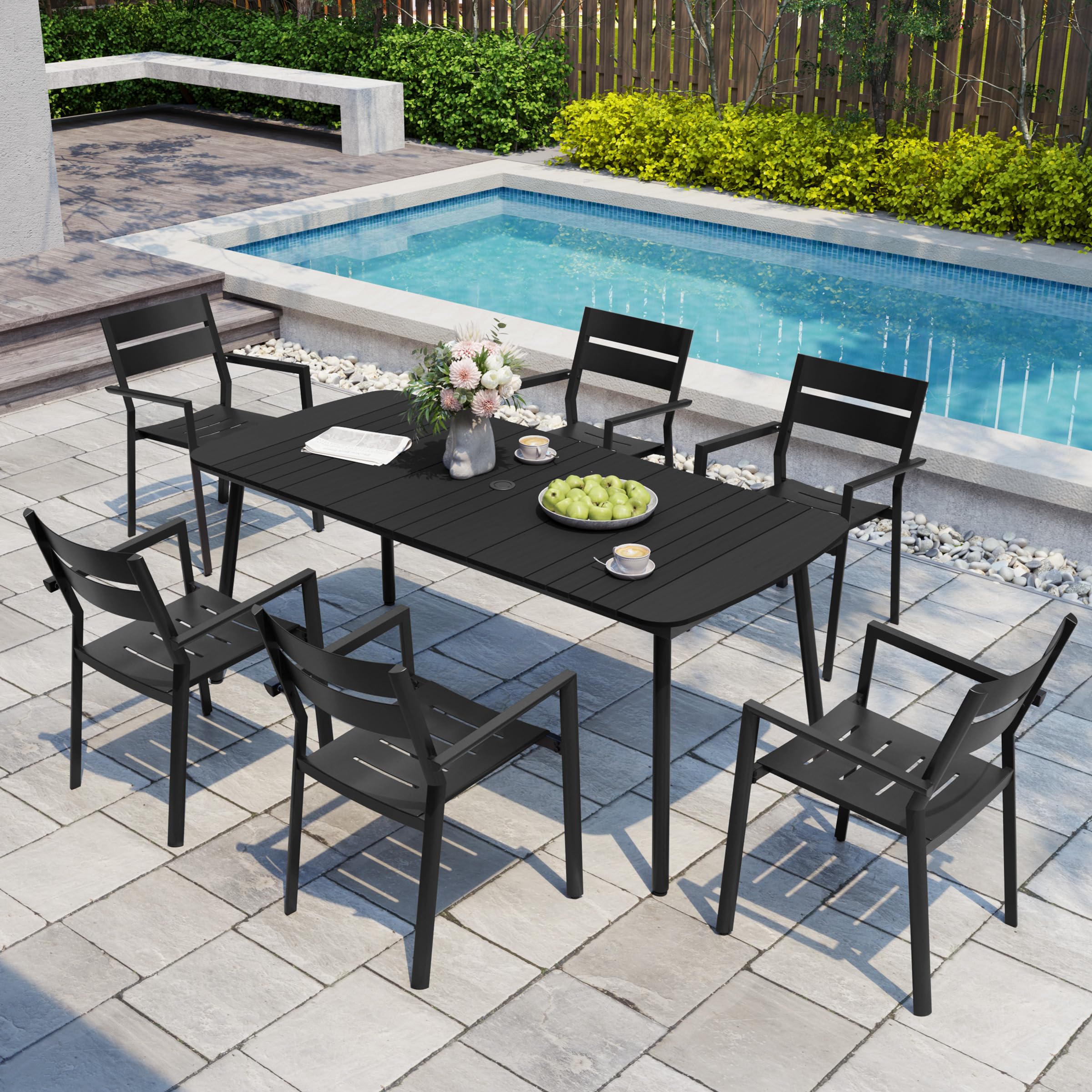Crestlive 70-Inch Rectangle Outdoor Dining Table for 6 - Weather-Resistant Aluminum Frame & Wood-Like Tabletop with Umbrella Hole - Perfect for Patio, Garden, Lawn, Backyard & Outdoor Entertaining