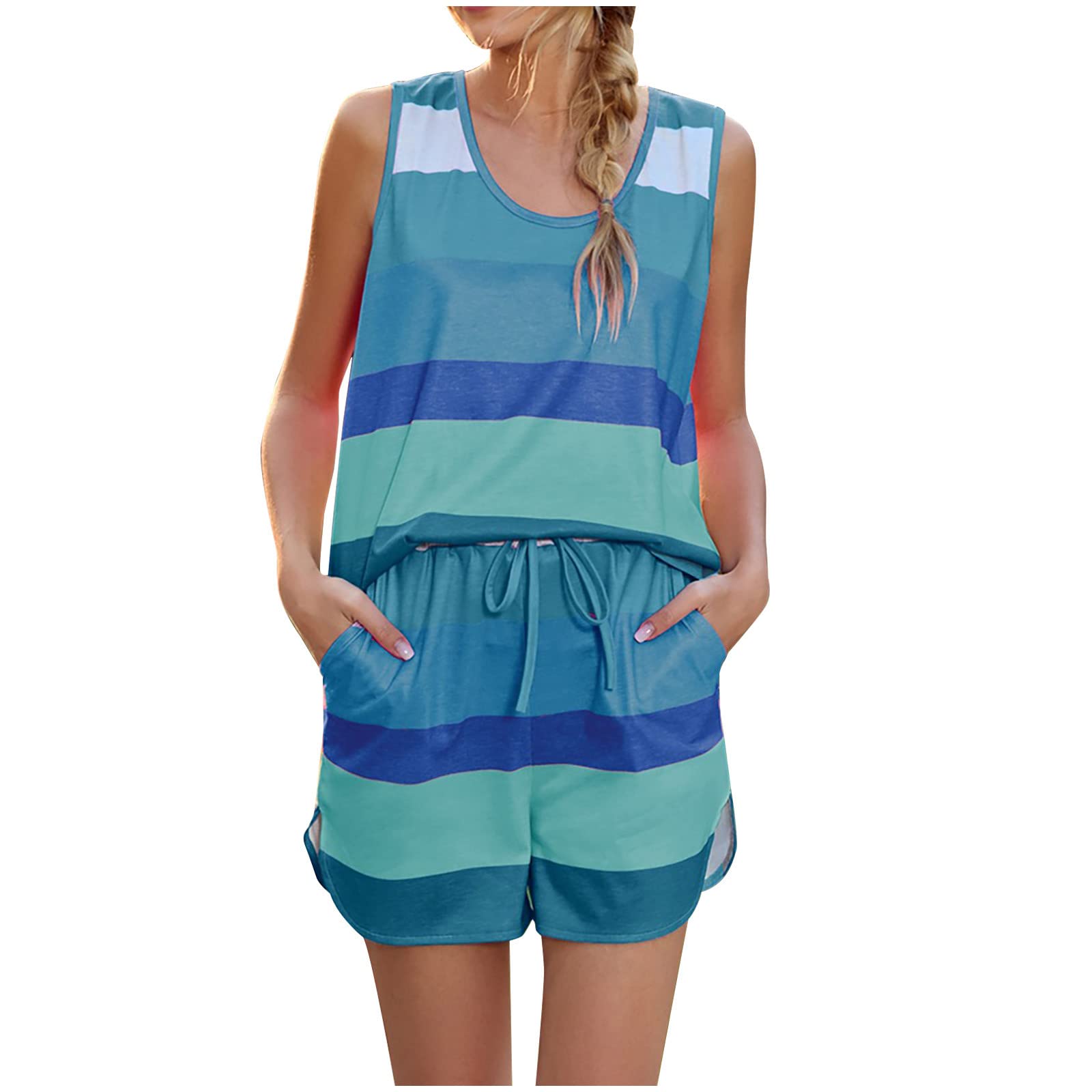 Women's Summer 2-Piece Outfit - Color Block Scoop Neck Tank Top & Loose Shorts Set | Comfortable Loungewear, Sleepwear & Pajamas for Relaxing at Home, Beach Vacation or Yoga