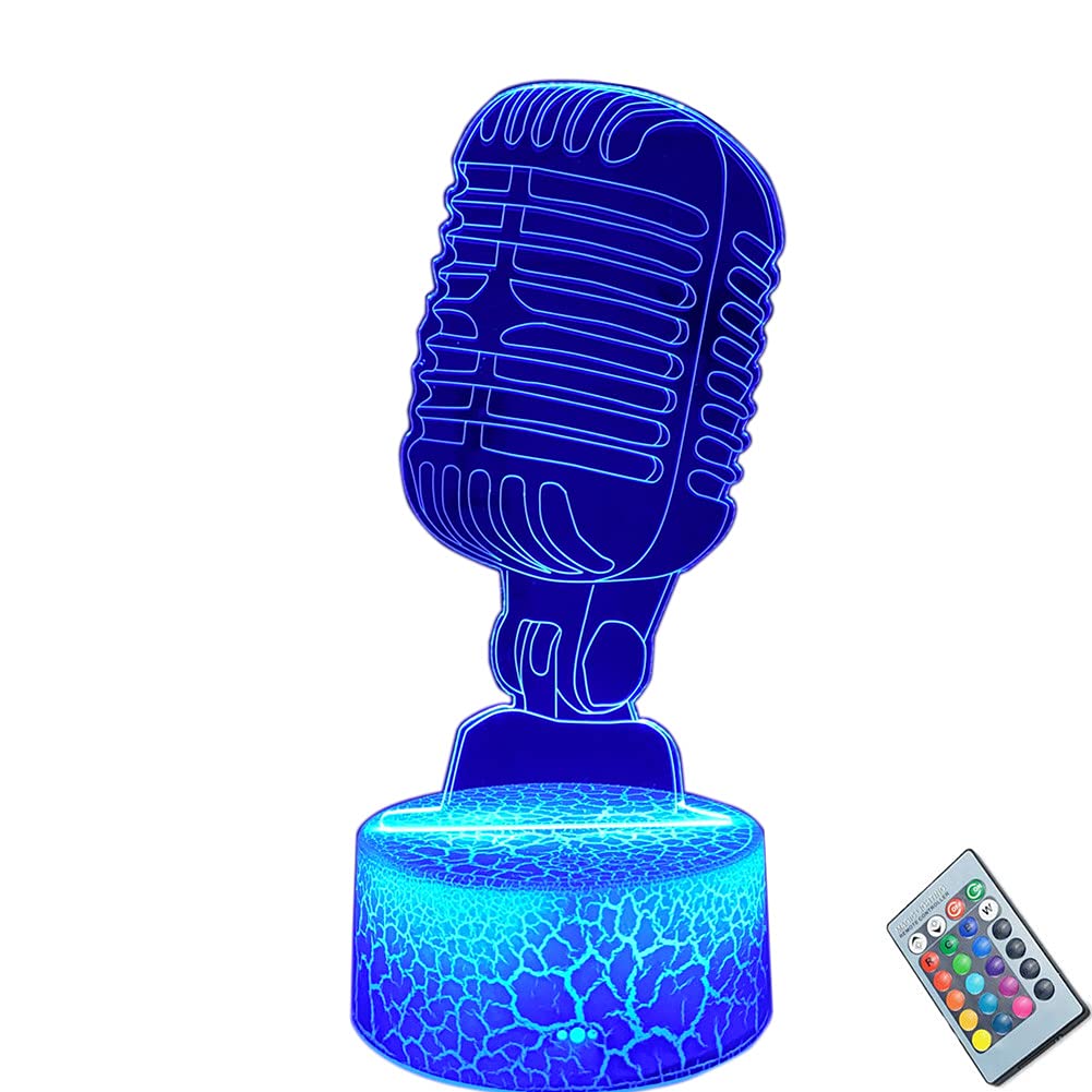 3D Art Deco Table Lamp with LED Acrylic Night Light - Remote Control, Multicolor Dimmable USB Bedside Lamp for Bedroom, Music Decor Lighting - Perfect Gift for Holidays & Birthdays (Microphone Design) - Ideal for Home Decor, Romantic Ambiance, and Party Lighting