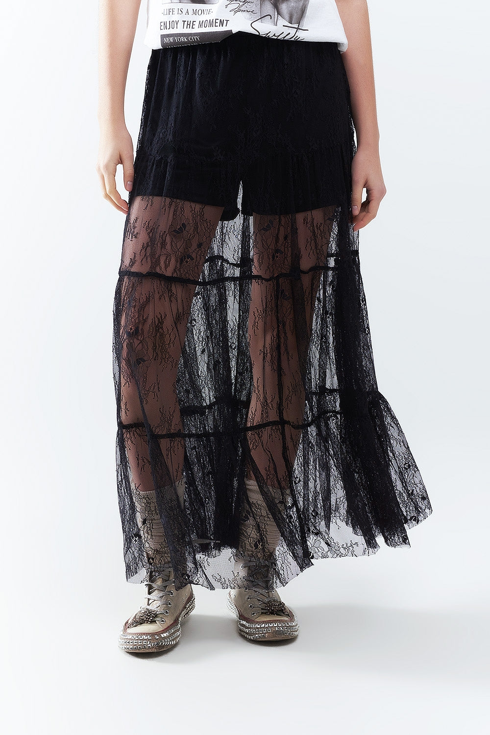 Black Floral Lace Maxi Skirt - Elegant Long Skirt for Women, Perfect for Weddings, Parties, and Special Occasions