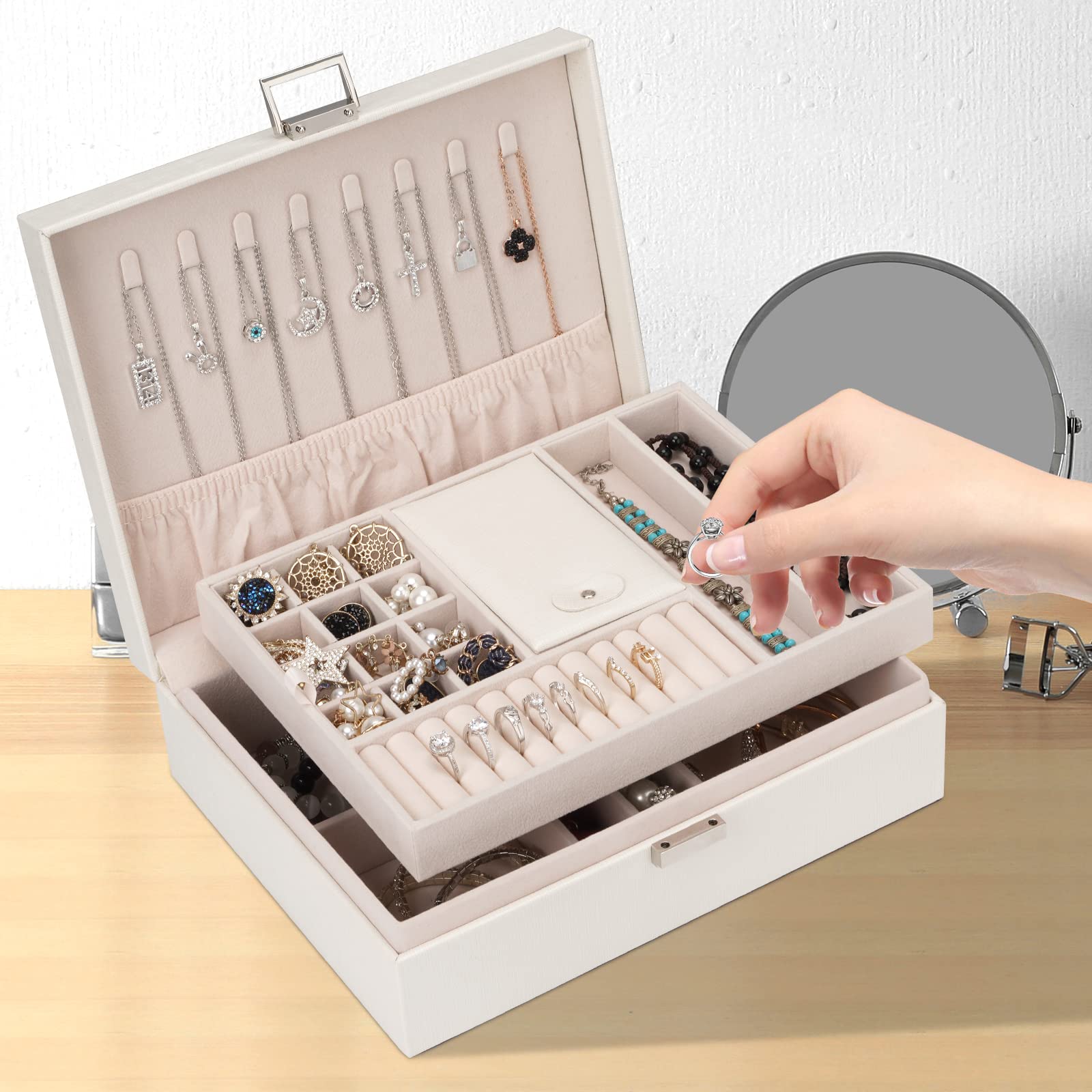 Double Layer Large Jewelry Organizer Box for Women & Girls - Travel Jewelry Case with Mirror & Gift Box (White) - Perfect for Home Storage, Travel & Gifting