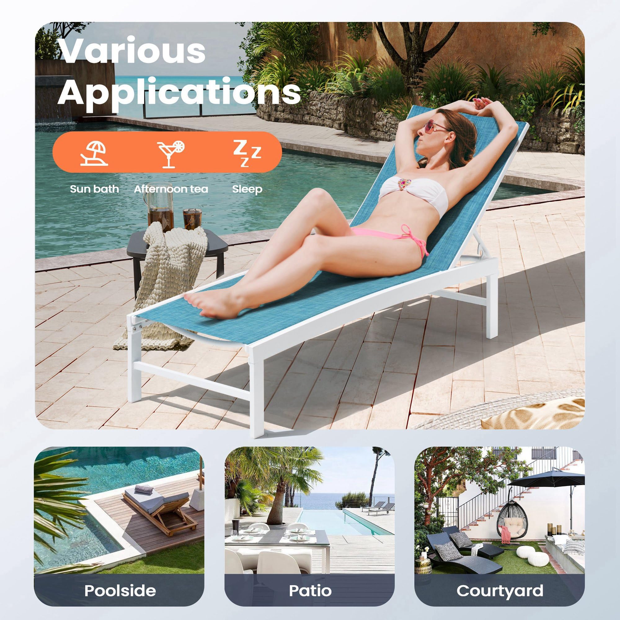 Pellebant Outdoor Lounge Chairs Set of 2 - Patio Aluminum Chaise Lounge Chairs with Adjustable Backrest, Rustproof Poolside Sunbathing Chairs for Deck, Backyard & Beach (2-Piece Set, Blue) | Perfect for Poolside Relaxation, Sunbathing & Outdoor Lounging