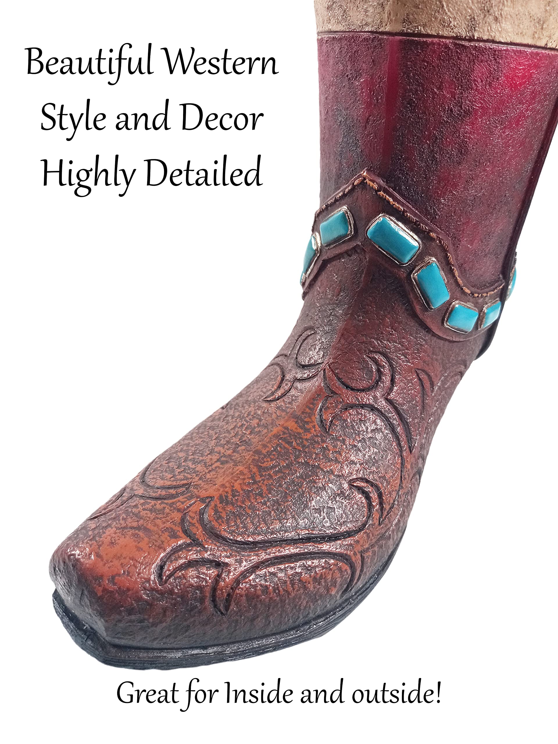 Western Teal Stone Texas Brown Cowboy Boot Vase - 12 Inch Large Rustic Flower Vase for Home, Office & Wedding Decor | Country Living Centerpiece, Cowboy Boot Planter, Unique Western Gift Idea