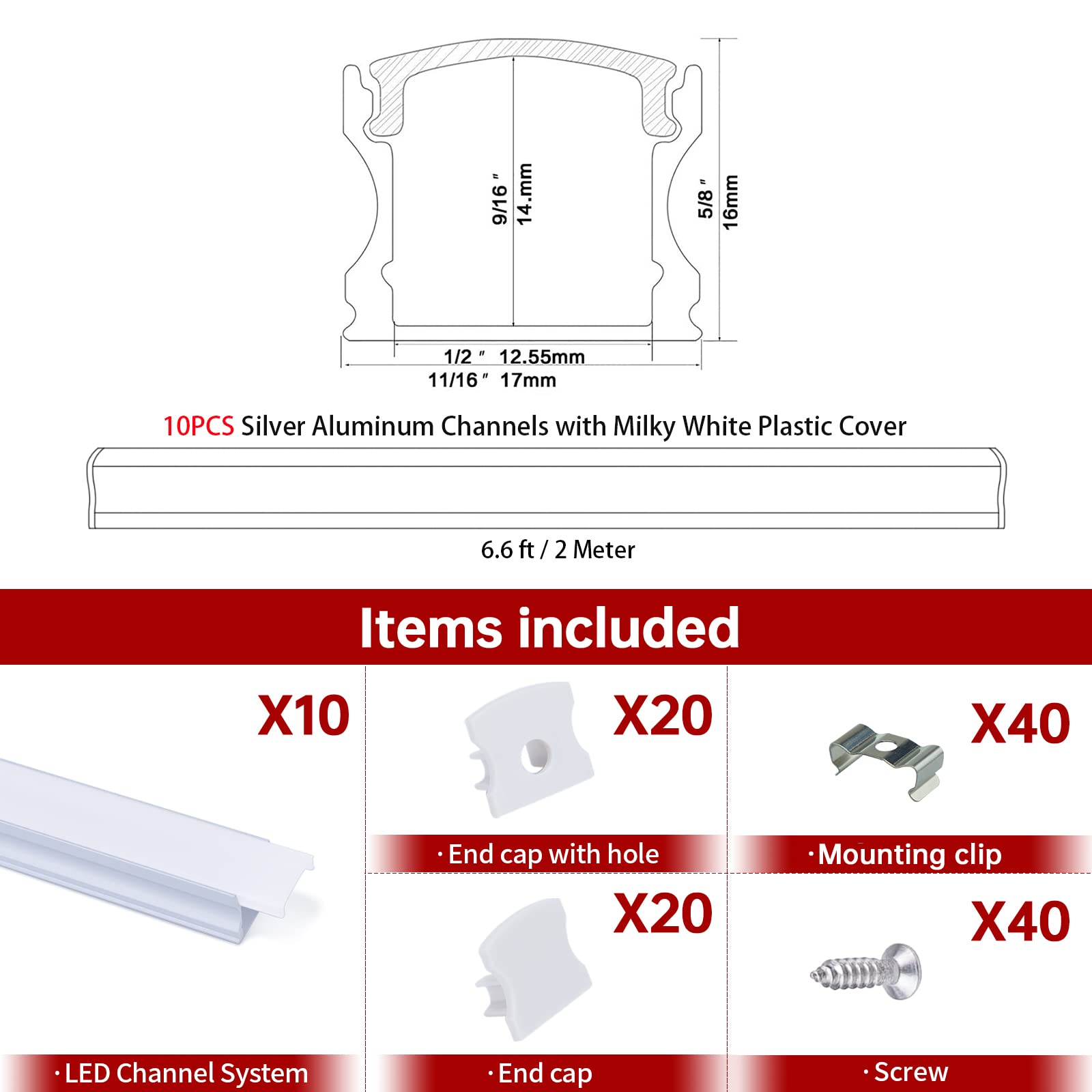 Muzata 10-Pack 6.6FT/2M Deep Aluminum LED Channel System with Milky White Frosted Diffuser for LED Strips up to 12mm - Perfect for Under Cabinet Lighting, Cove Lighting, and Home Decoration (U101 WW)