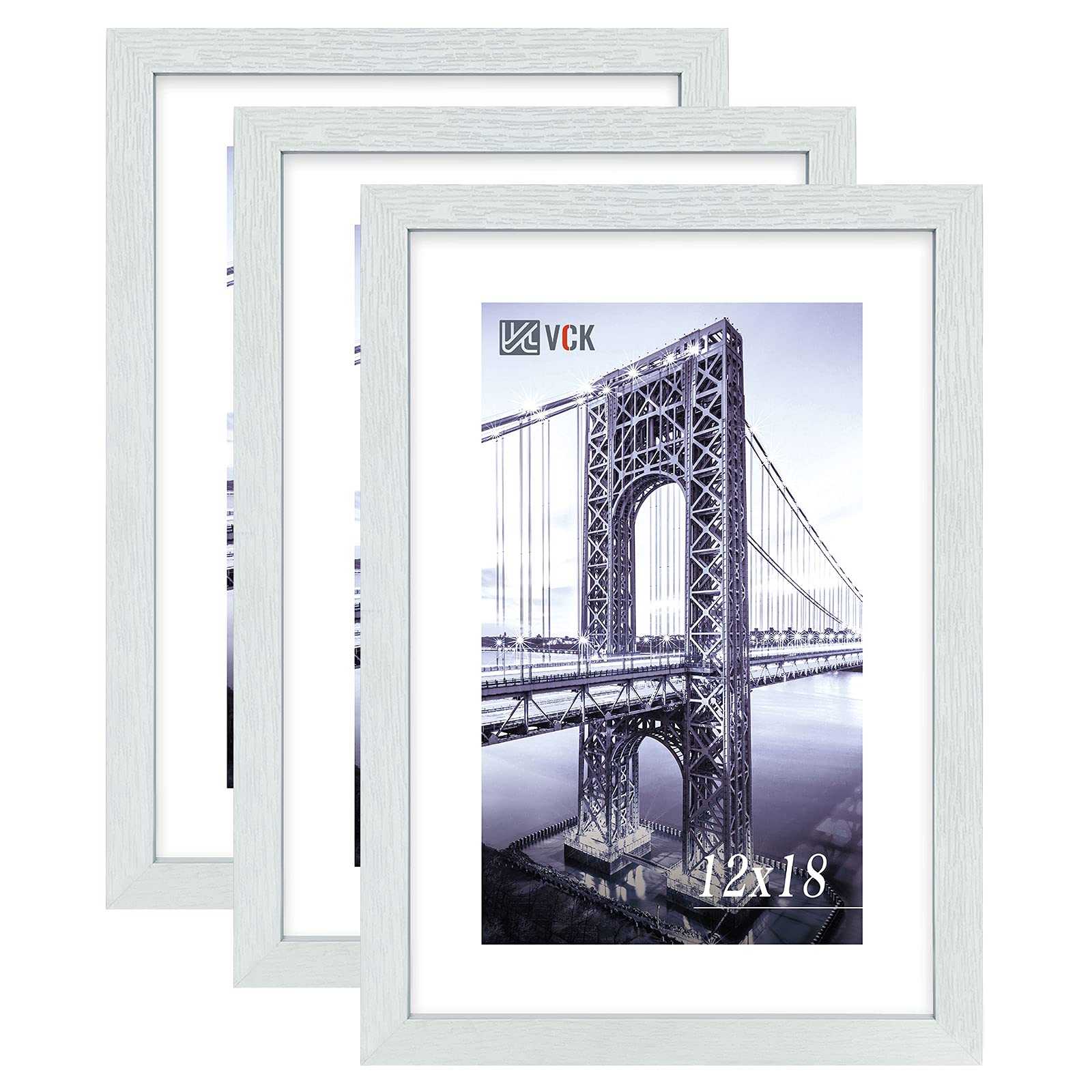 VCK 12x18 Inch Solid Wood Poster Frames - Set of 3 White Wall Mounting Hanging Picture Frames for Home Decor, Office, Gallery & Living Room Display