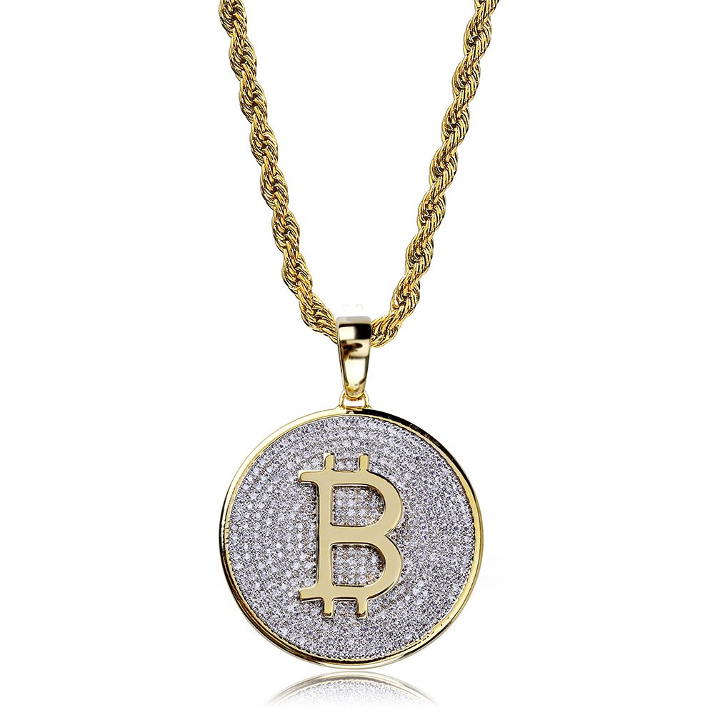TOPGRILLZ 14K Gold Plated Bitcoin Crypto Necklace for Men & Women - Iced Out Rope Chain Pendant in Stainless Steel - Perfect for Gifting, Parties, and Crypto Enthusiasts