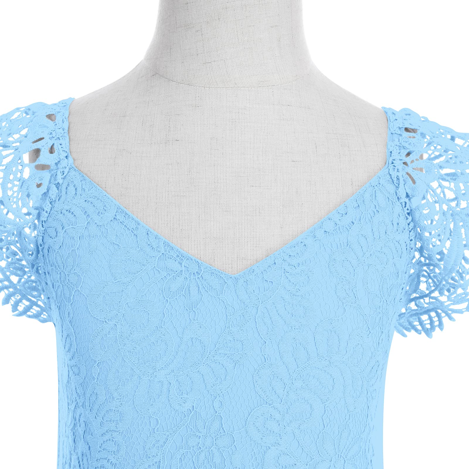 IWEMEK Lace Flower Girls Boho Dress - V Back Fly Sleeves Eyelash Lace Maxi Gown for Junior Bridesmaid, Wedding Party, Pageant, Dance, Communion, Birthday, Formal Occasions Light Blue 4-5 Years