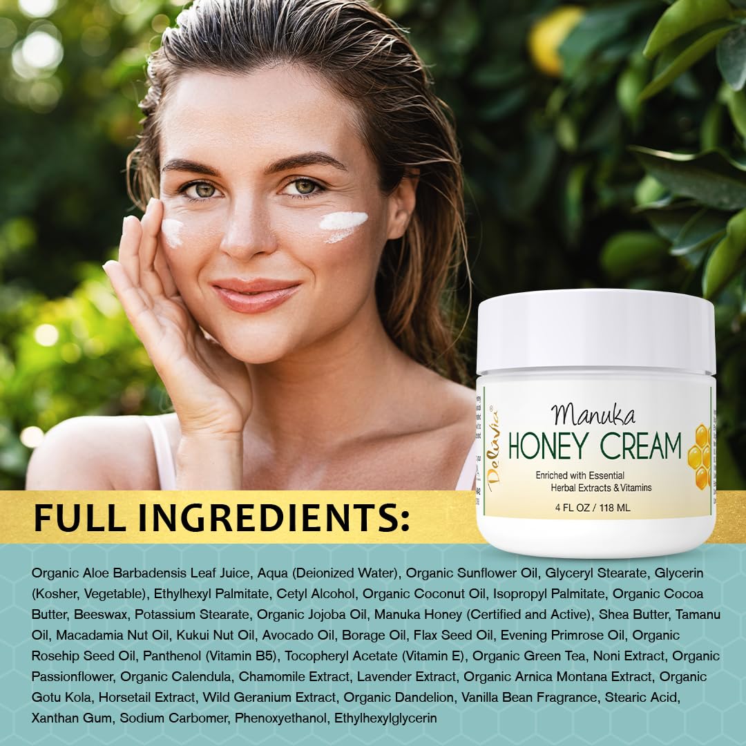 Deluvia Manuka Honey Cream - Hydrating & Soothing Moisturizer for Face & Body | Sensitive Skin Care for Eczema, Psoriasis & Dermatitis | 4 oz | Perfect for Daily Skincare & Dry Skin Relief