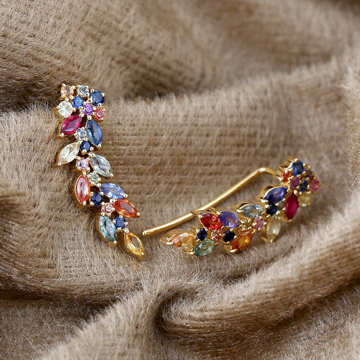 Exquisite Marquise Cut Multicolor Sapphire Ear Climber Earrings in 18K Yellow Gold - Perfect for Weddings, Parties & Special Occasions