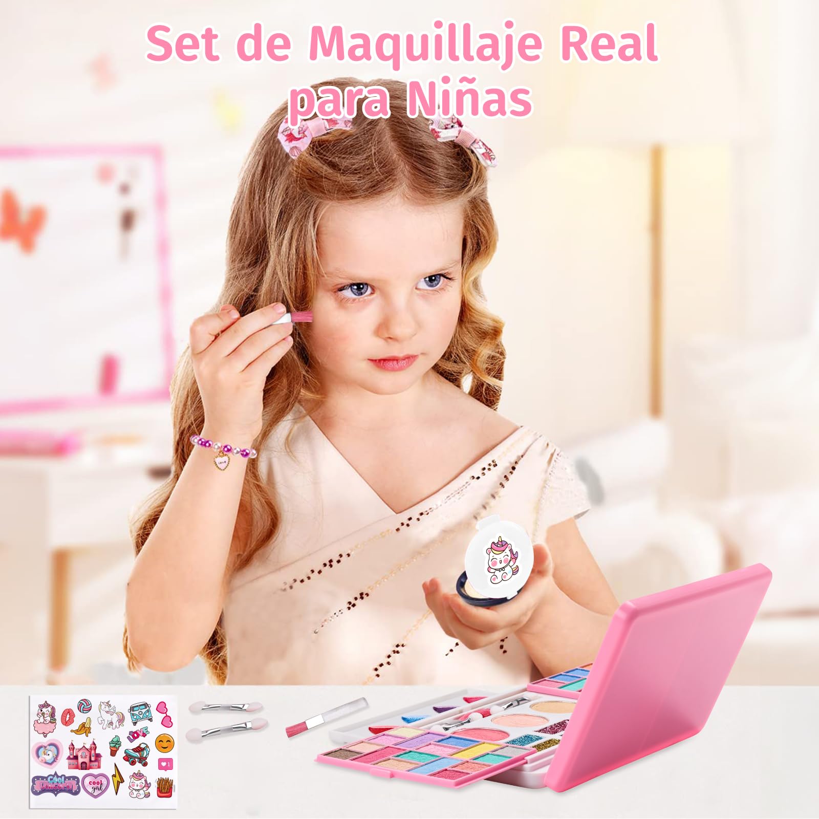 Anpro Girls Makeup Kit with Mirror & Stickers - Safe & Washable for Kids Birthday Gift Ages 3-10