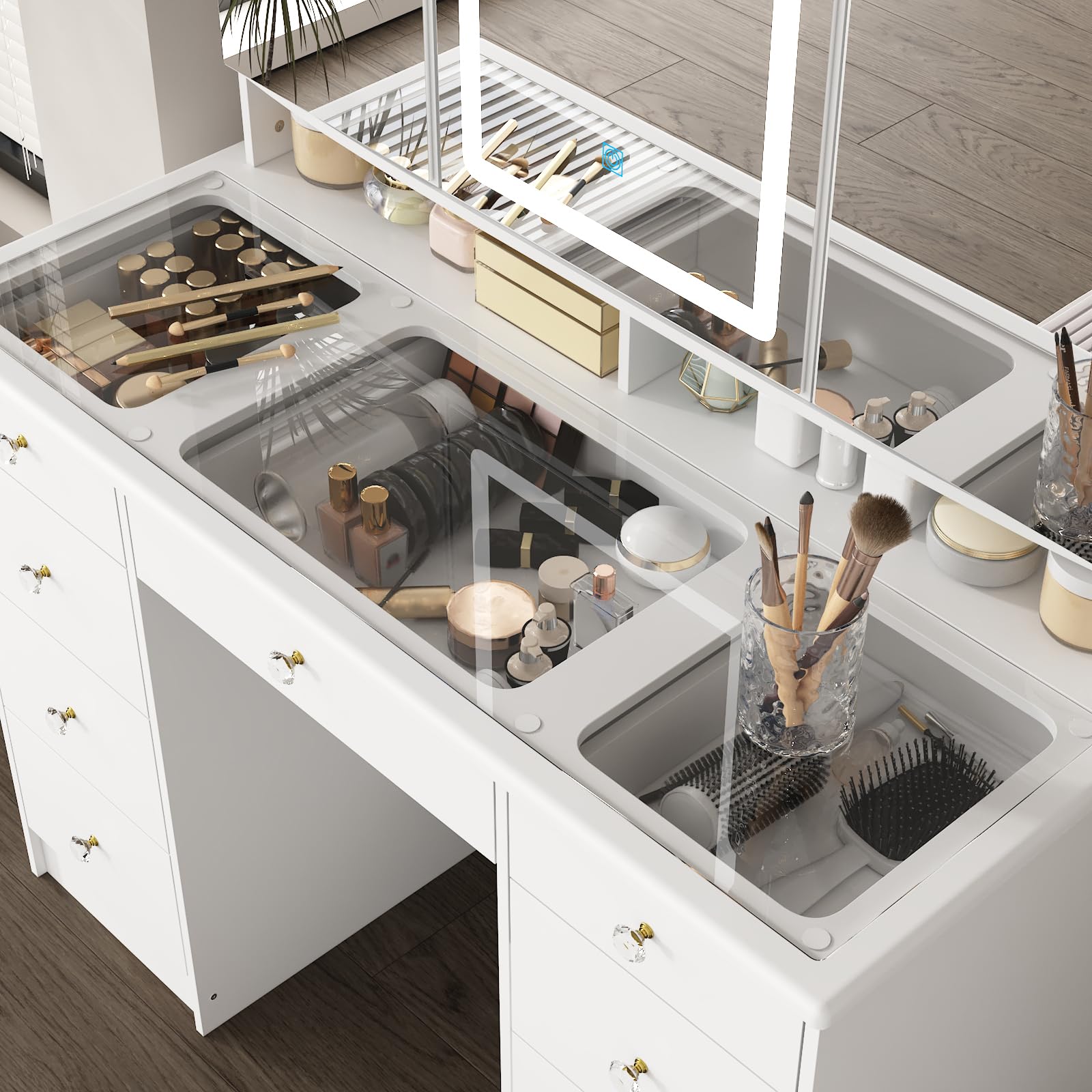 FUFU&GAGA White Modern Vanity Desk with Mirror & LED Lights, 9 Drawers & Hidden Shelves, Large Glass Top Makeup Dressing Table for Bedroom (43.3”W x 19.7”D x 53.6”H) - Perfect for Makeup Organization, Home Salon Setup & Glam Room Decor