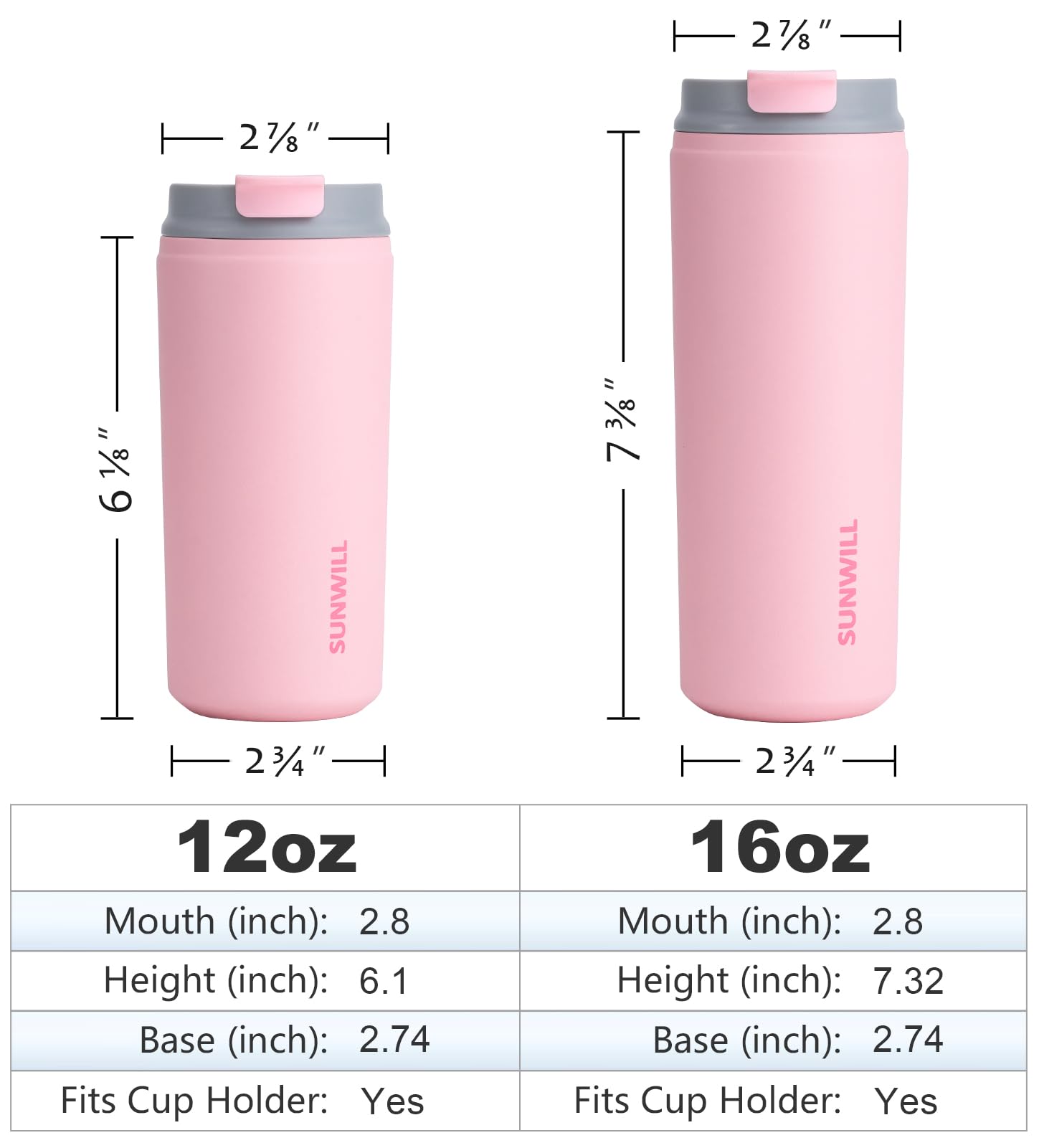 SUNWILL 12 oz Stainless Steel Insulated Coffee Mug with Lid - Leak Proof Travel Tumbler, Powder Coated Light Pink - Perfect for Office, Home, Commuting & Outdoor Activities