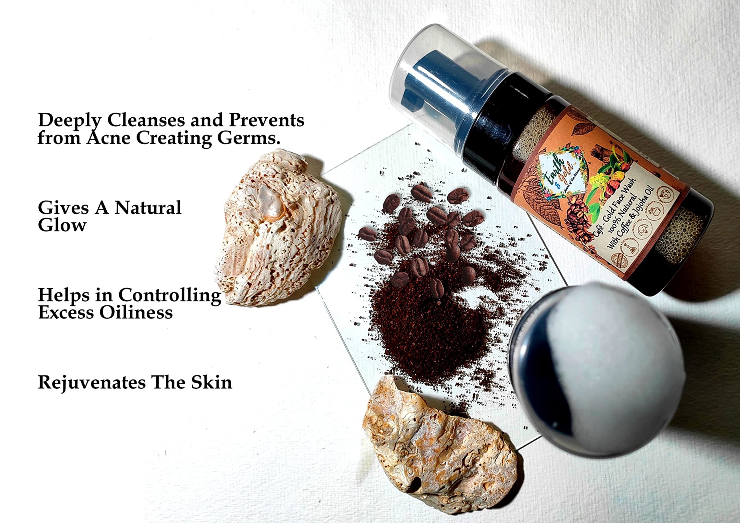 Earth & Gold Coffee Café Gold 100% Natural Vitamin-E & Jojoba Oil Enriched Foaming Face Wash with Coffee & Gold Dust - 120ml | Skin Energizing Cleanser for Morning & Night Routine | Visible True Clean Ingredients for Glowing Skin