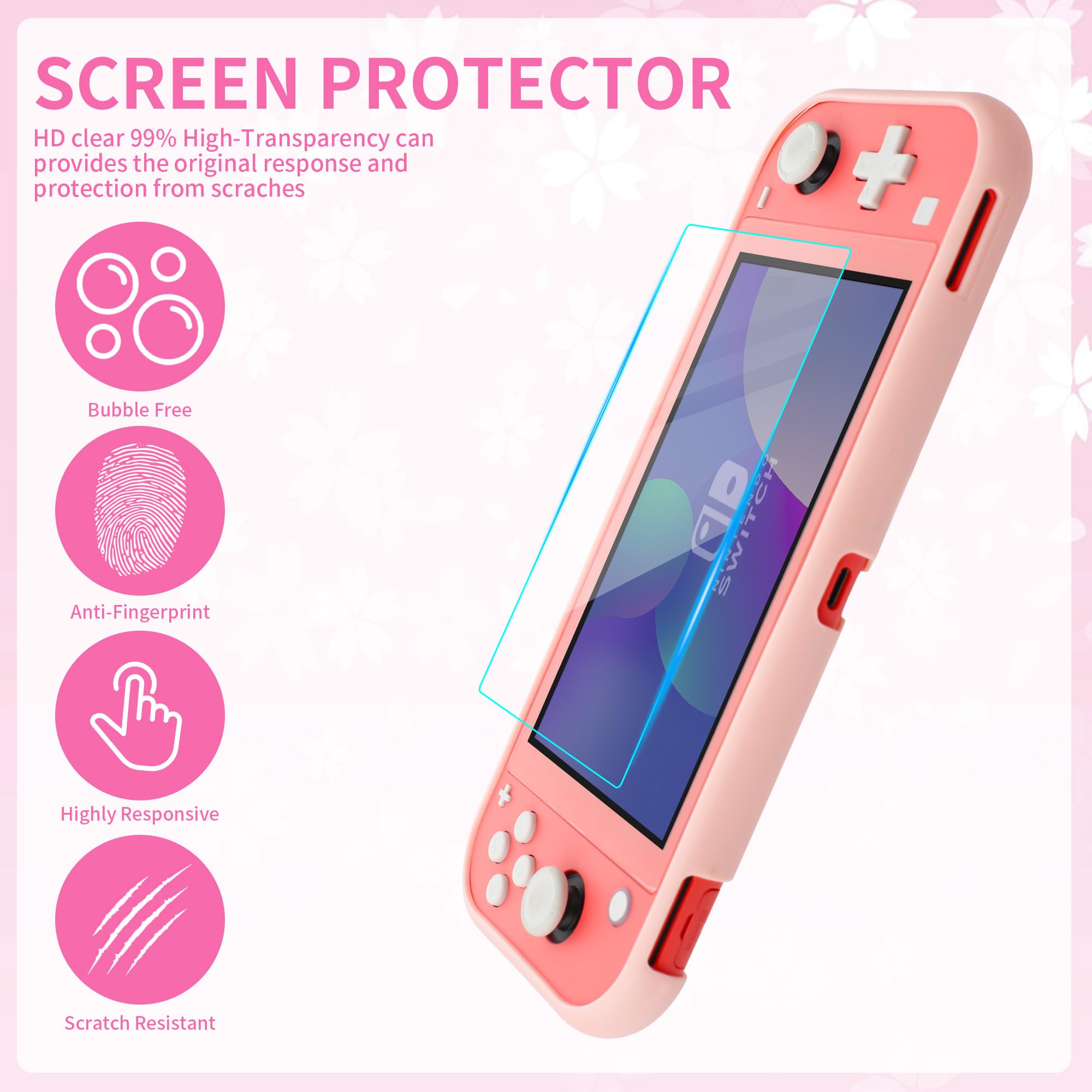 Premium Nintendo Switch Lite Accessories Bundle - Soft TPU Protective Case, Screen Protector, 2 Thumb Grips & Adjustable Shoulder Strap (Pink) | Perfect for Travel, Gaming On-The-Go & Switch Lite Protection