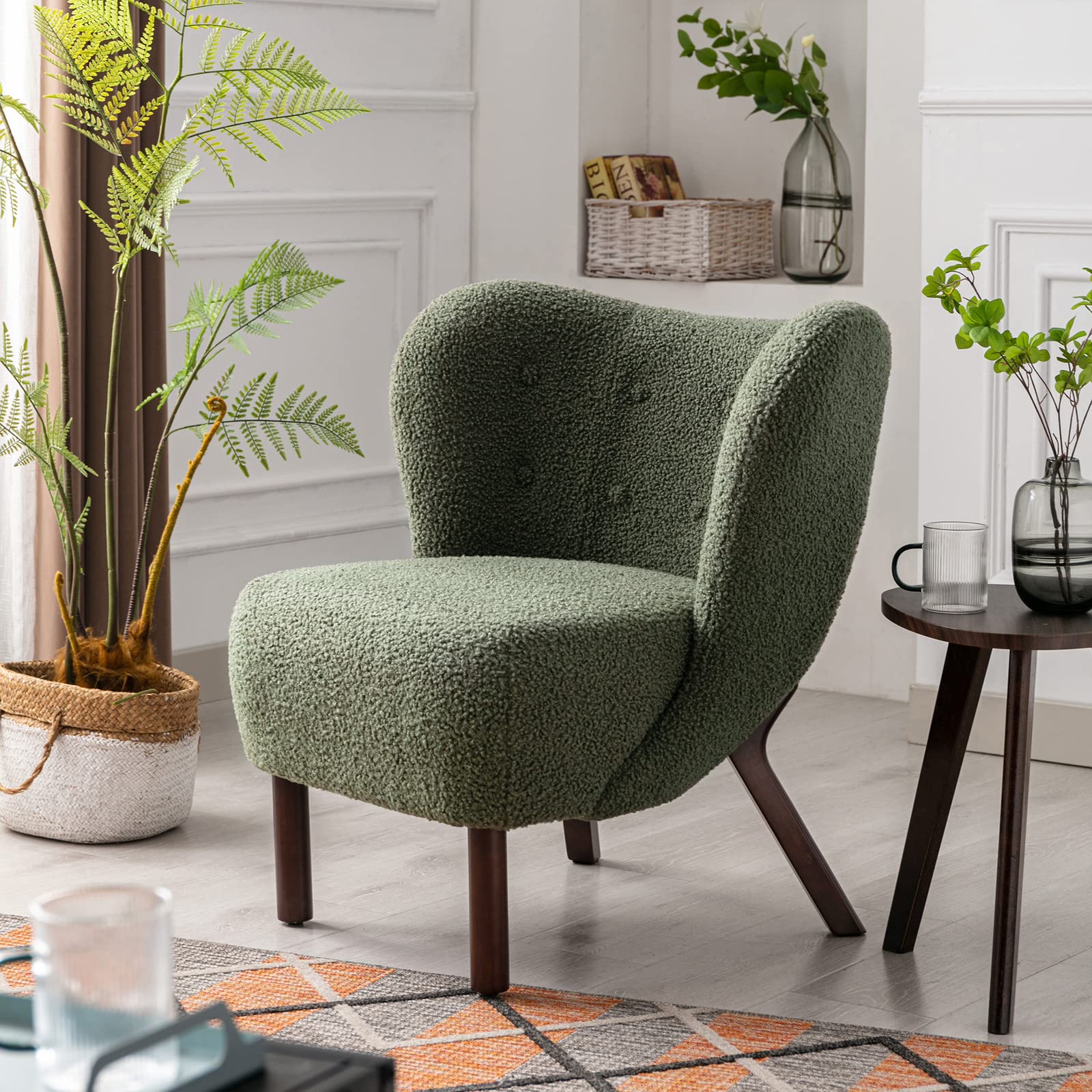 TYMMC Modern Accent Chair - Lambskin Sherpa Upholstered Wingback Lounge Chair with Tufted Design & Solid Wood Legs - Contemporary Living Room & Bedroom Seating - Seaweed Green - Perfect for Reading Nooks & Cozy Home Decor