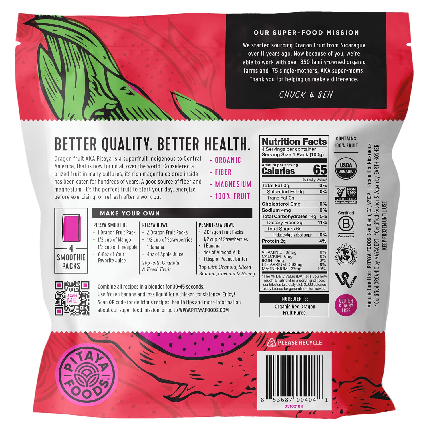 Organic Dragon Fruit Smoothie Packs - Pitaya Foods Frozen Fruit Puree, No Sugar Added, Non-GMO, Rich in Fiber, Magnesium & Vitamin C, 14oz (8-Pack) | Perfect for Smoothies, Yogurt Bowls & Healthy Snacks