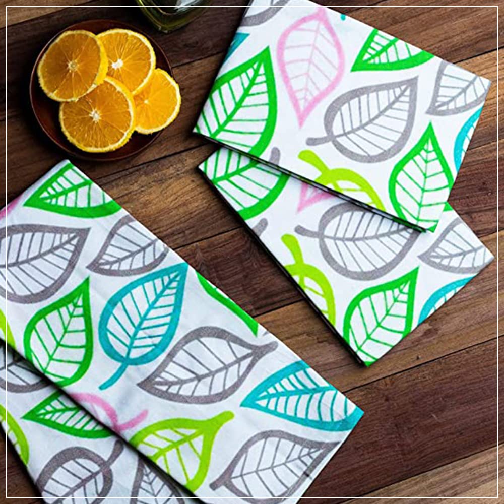 Premium 100% Ring Spun Cotton Kitchen Towels Set of 3 - Super Absorbent 17.7x27.5 Inch Printed Dish Cloths with Leaf Design | Ultra Soft Tea Towels for Cooking, Baking, Cleaning & Kitchen Decor