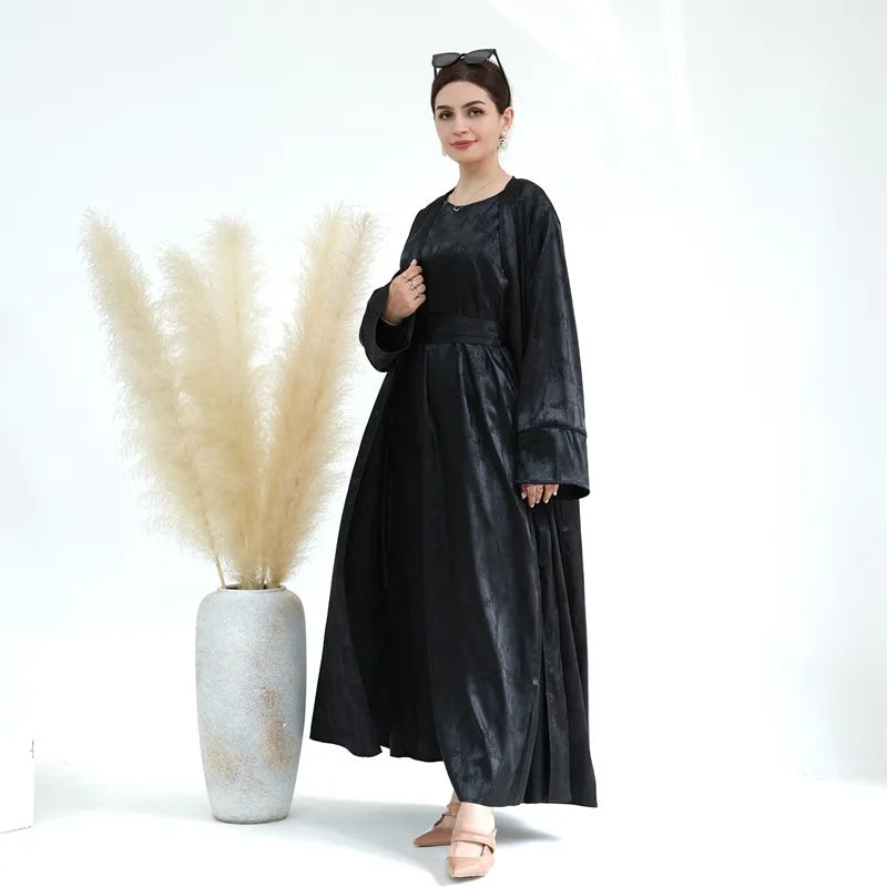 Elegant Jacquard Satin 2-Piece Muslim Women's Open Abaya Dress Set - Perfect for Prayer, Eid, and Special Occasions