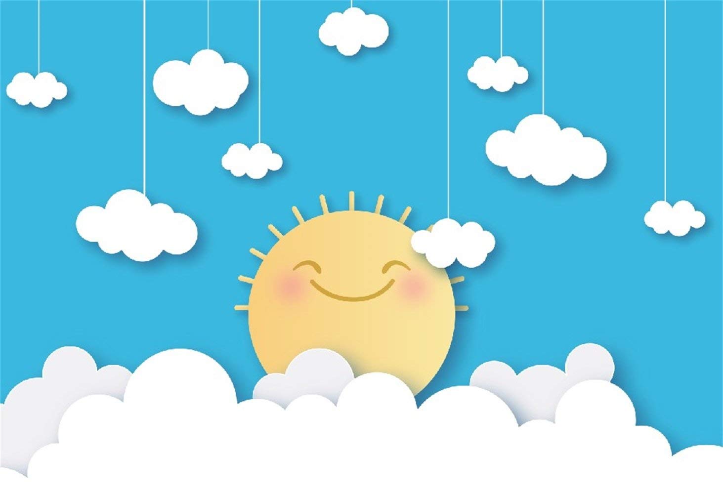 Laeacco 7x5ft Vinyl Baby Photo Backdrop - Cartoon Smiling Sun with Clouds & Blue Sky Design for Newborn Photography, Birthday Parties, Cake Smash & Nursery Decor | Waterproof, Durable Kids Photography Background