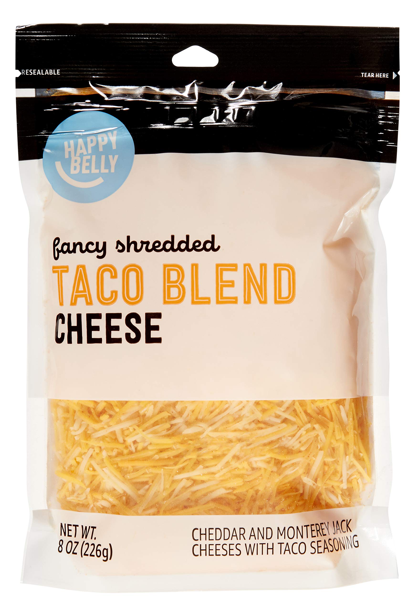 Happy Belly Taco Cheese Blend - Shredded Mexican Style Cheese for Tacos, Nachos & Burritos - 8 Oz Resealable Bag - Perfect for Family Dinners & Party Snacks