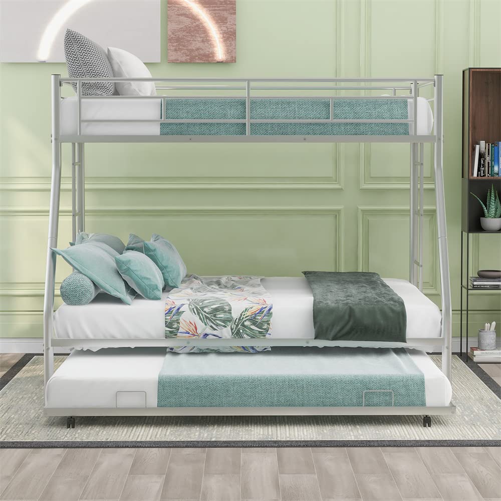 LLS Metal Bunk Bed with Trundle - Twin Over Full Bunk Bed Frame with Full-Length Guardrail & 2 Ladders | Heavy Duty Space-Saving Bunk Bed | Convertible to 2 Separate Beds | No Box Spring Needed | Silver Finish | Perfect for Kids' Rooms, Dormitories & Small Spaces