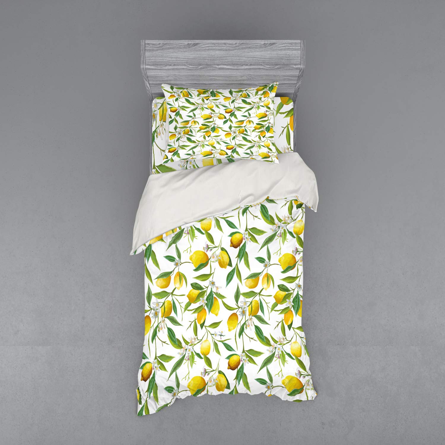 Ambesonne 3-Piece Duvet Cover Set - Twin XL Size, Flowering Lemon & Woody Plant Design, Fern Green Yellow White - Soft Bedding with Sham & Fitted Sheet for Cozy Home Decor | Perfect for Spring Refresh, Guest Room, or Citrus-Themed Bedroom