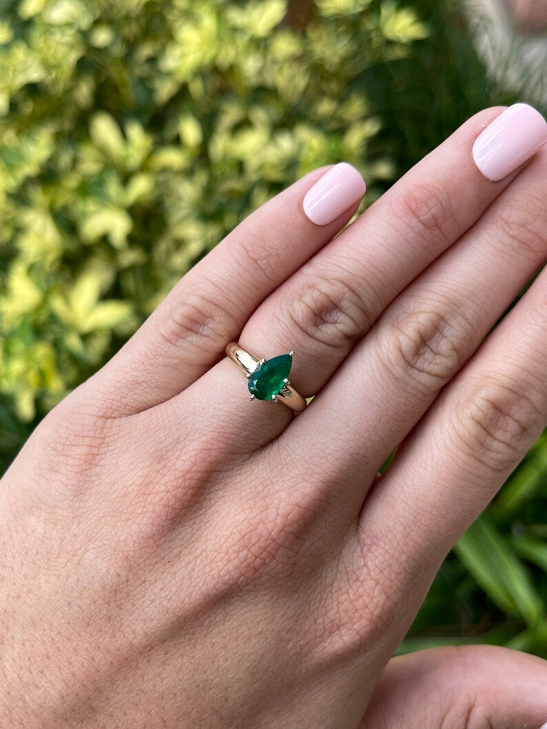 1.06 Carat Natural Brazilian Emerald Pear Cut Solitaire Ring - 14K Gold Six Prong Setting for Engagement, Wedding & Anniversary Gifts