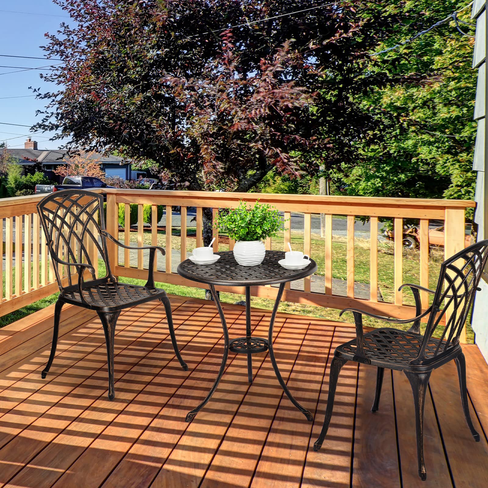 IDEALHOUSE 3-Piece Cast Aluminum Patio Bistro Set with Umbrella Hole - Rust-Resistant Outdoor Dining Table and Chairs for Garden, Backyard, Balcony - Indoor/Outdoor Use - Perfect for Morning Coffee, Outdoor Dining and Relaxing in Your Patio