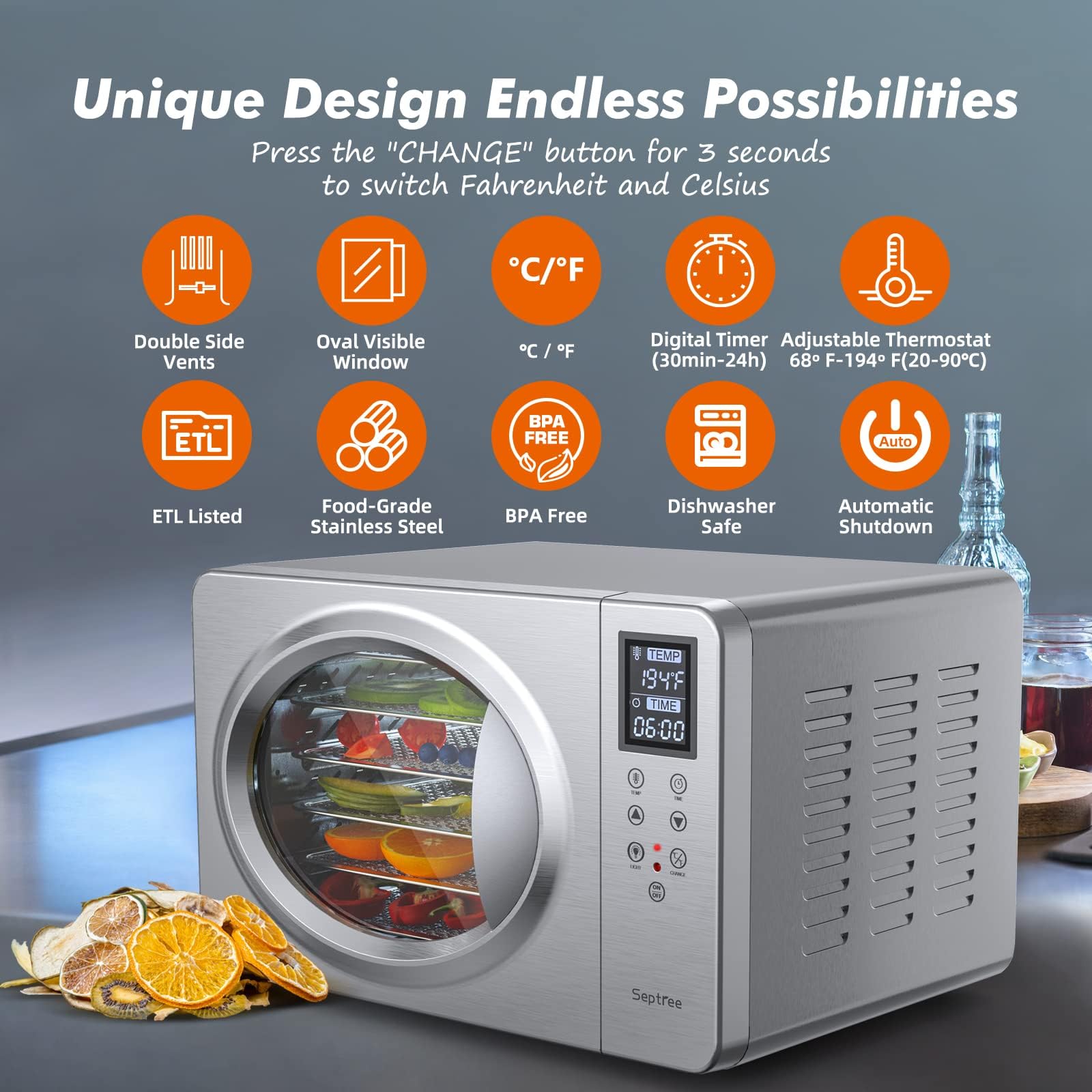 Premium Silver Retro Food Dehydrator - 6 Stainless Steel Trays, 500W Powerful Drying Machine with Digital Thermostat (190°F Max) & Built-in Light | Perfect for Beef Jerky, Fruits, Mushrooms, Yogurt | Ideal for Home Kitchen, Camping & Healthy Snack Preparation