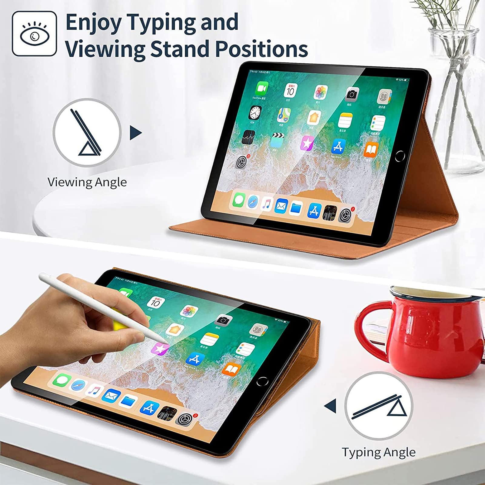Genuine Leather iPad Case for iPad 9.7 Inch (6th/5th Generation 2018/2017) & iPad Air 2/1 - Premium Cowhide Folio Cover with Auto Sleep/Wake, Anti-Fingerprint & Slip-Resistant Design, Adjustable Stand (Brown) - Perfect for Work, Travel & Home Use