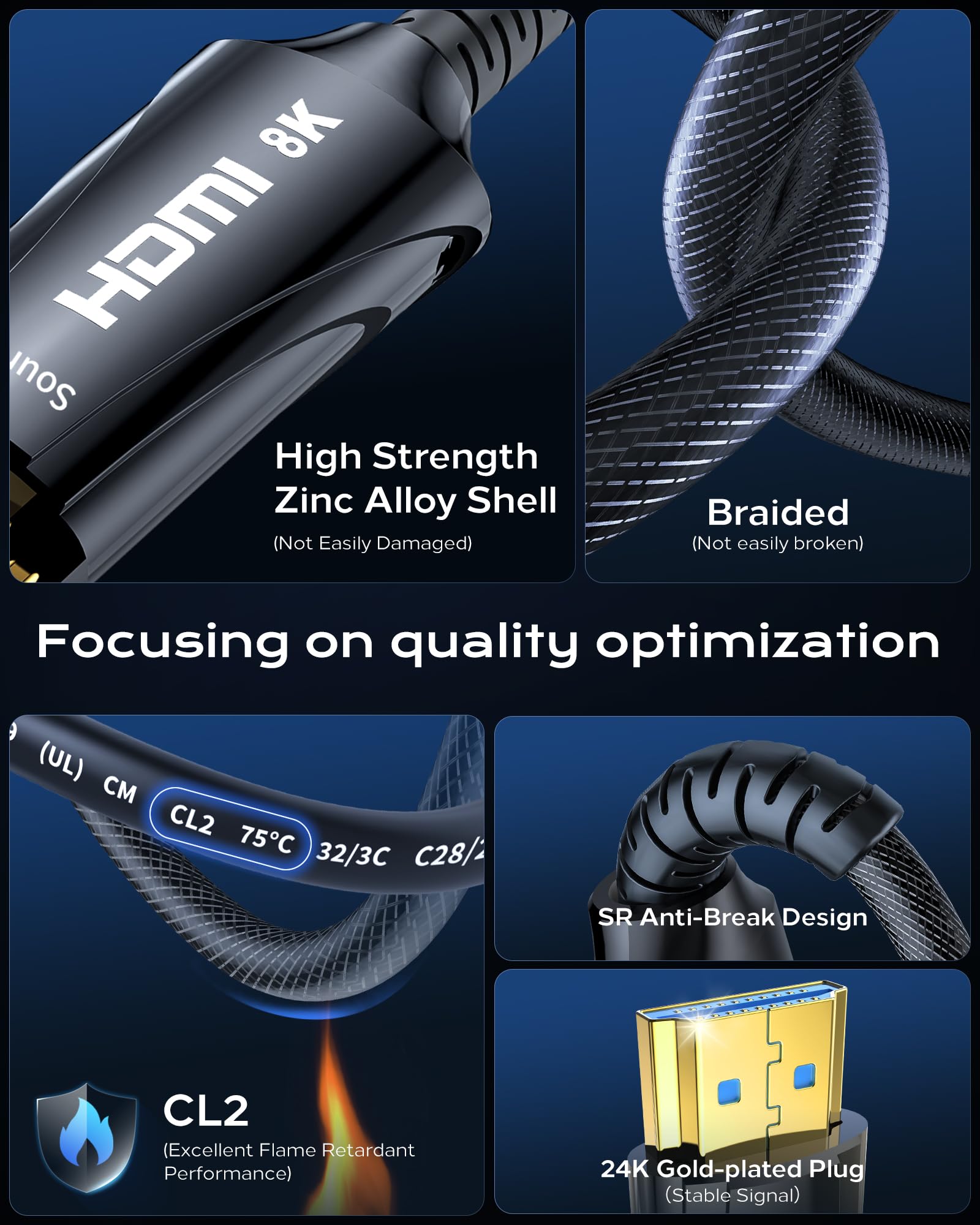 Cratree Fiber Optic HDMI 2.1 Cable 100FT/30M - 8K 48Gbps Ultra High Speed, 8K@60Hz 4K@120Hz, HDCP 2.2/2.3, HDR10 - Compatible with Fire TV, Roku, Apple TV, HDTV, Monitor, Projector - Perfect for Home Theater, Gaming & Professional AV Setups