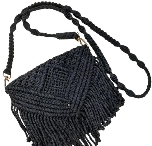 Handmade Macrame Shoulder Bag for Women - Boho Style Crossbody Purse with Adjustable Strap - 23cm x 23cm Black Handbag - Perfect for Beach, Festival & Everyday Use