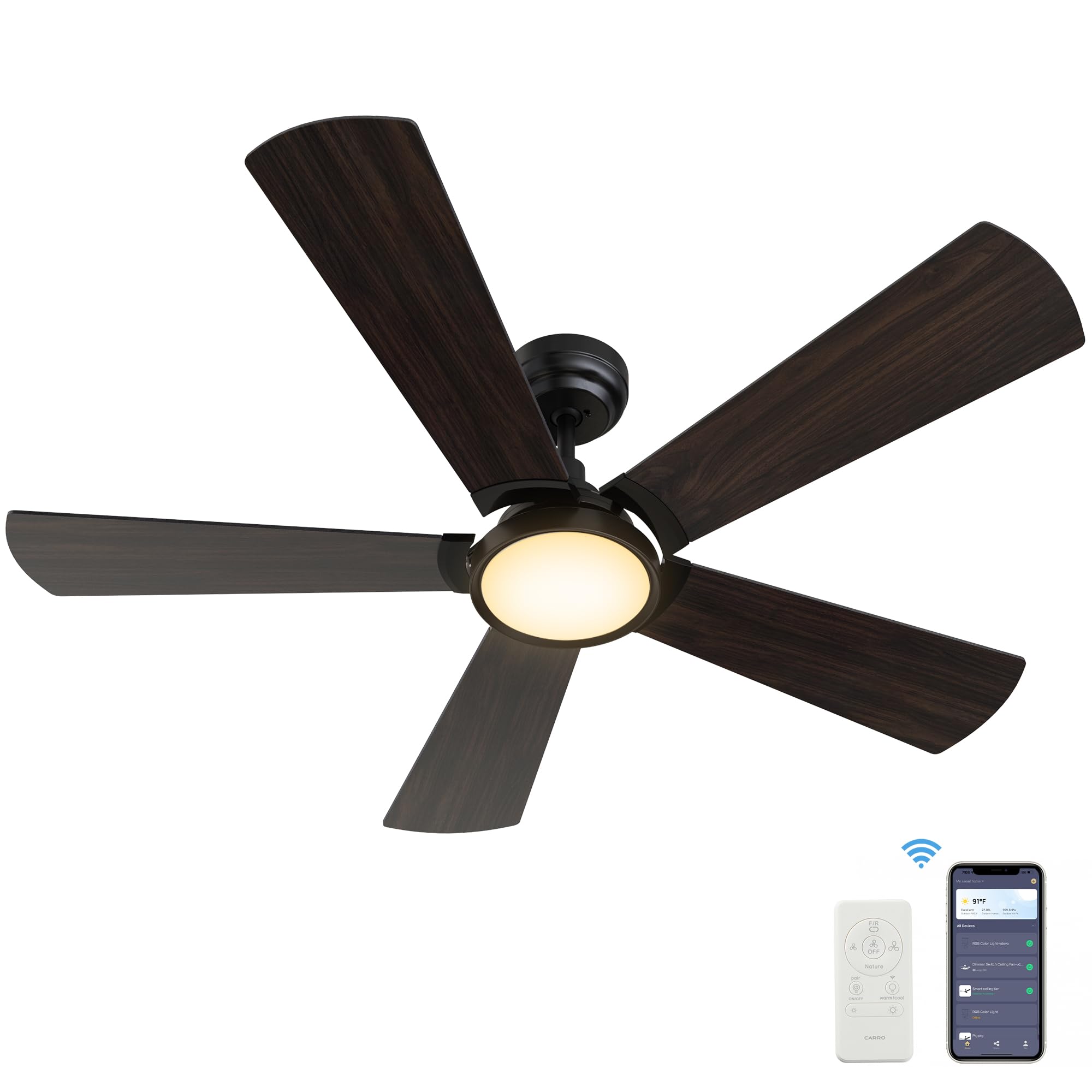 SMAAIR 52 Inch Low Profile Ceiling Fan with Light Remote Control - 10 Speed Reversible DC Motor, Smart Home Compatible with Alexa/Google Assistant/Siri - Dark Wood Finish - Perfect for Bedroom, Living Room, Patio & Outdoor Spaces