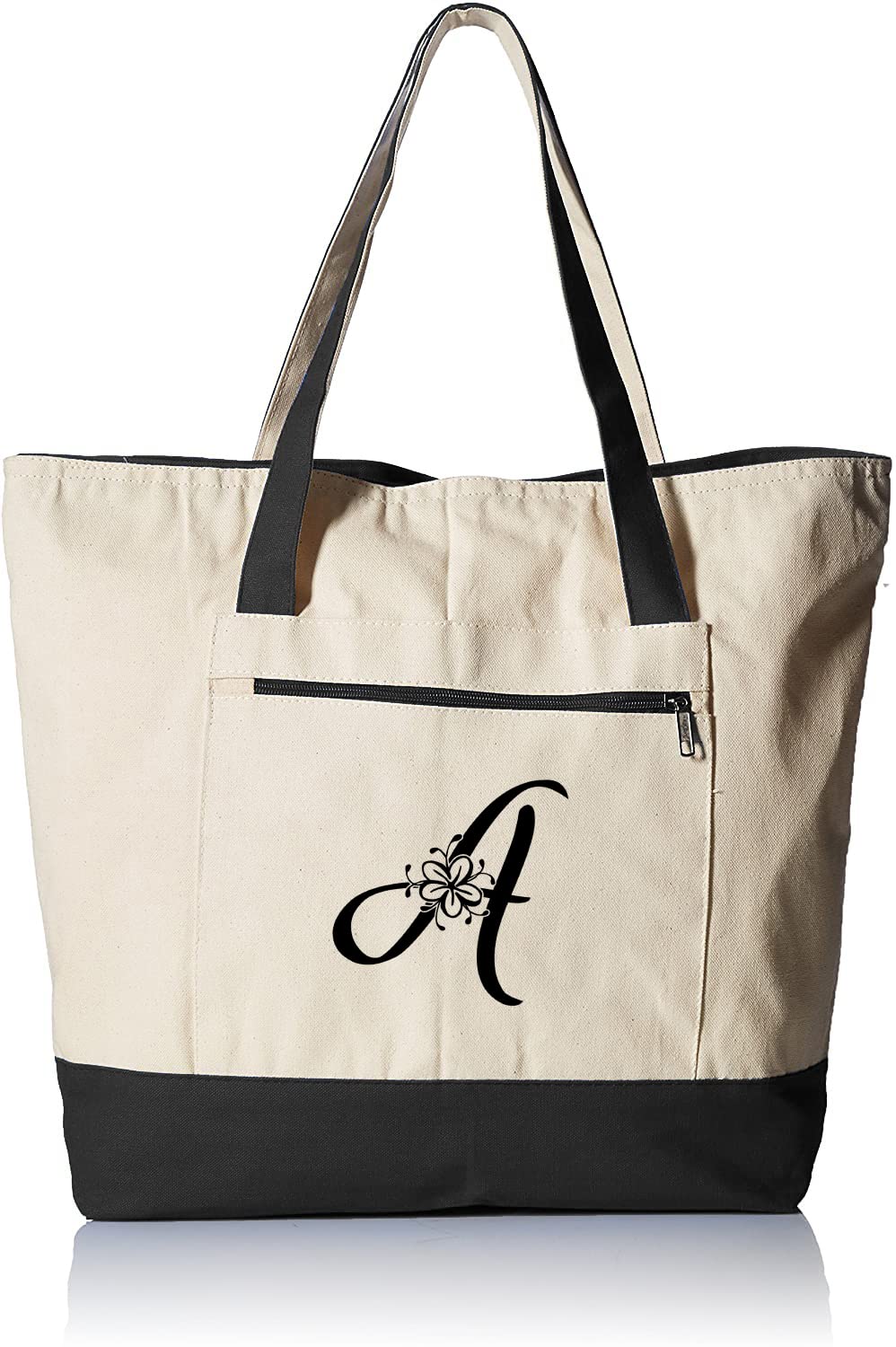Personalized Initial Large Zipper Canvas Tote Bag for Women - Durable Custom Monogrammed Gift Tote - Perfect for Work, Travel, Shopping & Everyday Use