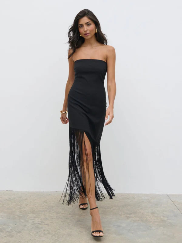 Eliana Bandeau Asymmetric Fringed Dress - Black | Women's Boho Chic Party Outfit for Summer Beach & Night Events