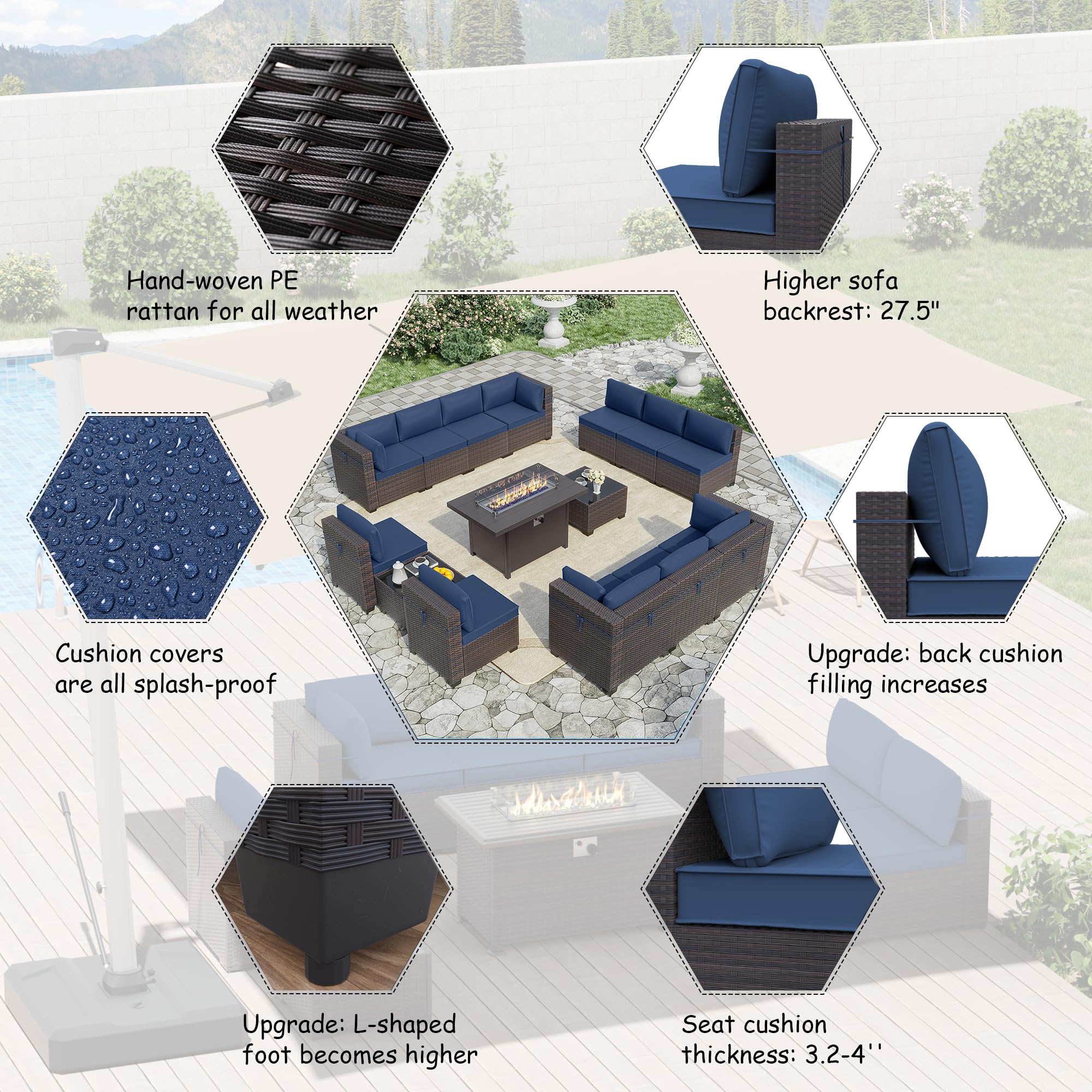 **15-Piece Patio Furniture Set with 55,000 BTU Aluminum Fire Pit Table - Brown PE Rattan Wicker Outdoor Conversation Set with 12 Dark Blue Cushions for Backyard, Garden, and Poolside Relaxation**