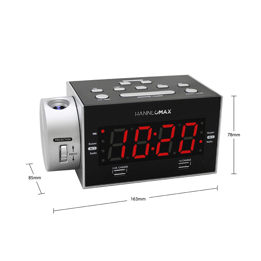HANNLOMAX HX-135CR Projection Alarm Clock Radio with Dual USB Charging Ports (2.4A+1A), FM Radio, Dual Alarms & 1.2