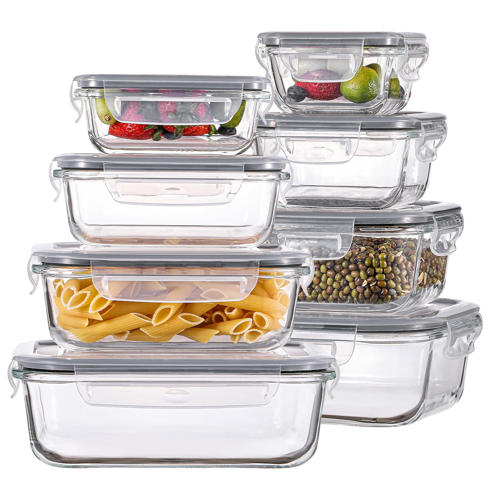 HOMBERKING 8-Pack Glass Food Storage Containers with Lids - Airtight Bento Boxes for Meal Prep, Microwave, Oven, Freezer & Dishwasher Safe - Leak Proof Locking, BPA Free (5-35oz) - Perfect for Office Lunch, Picnics & Leftovers Storage