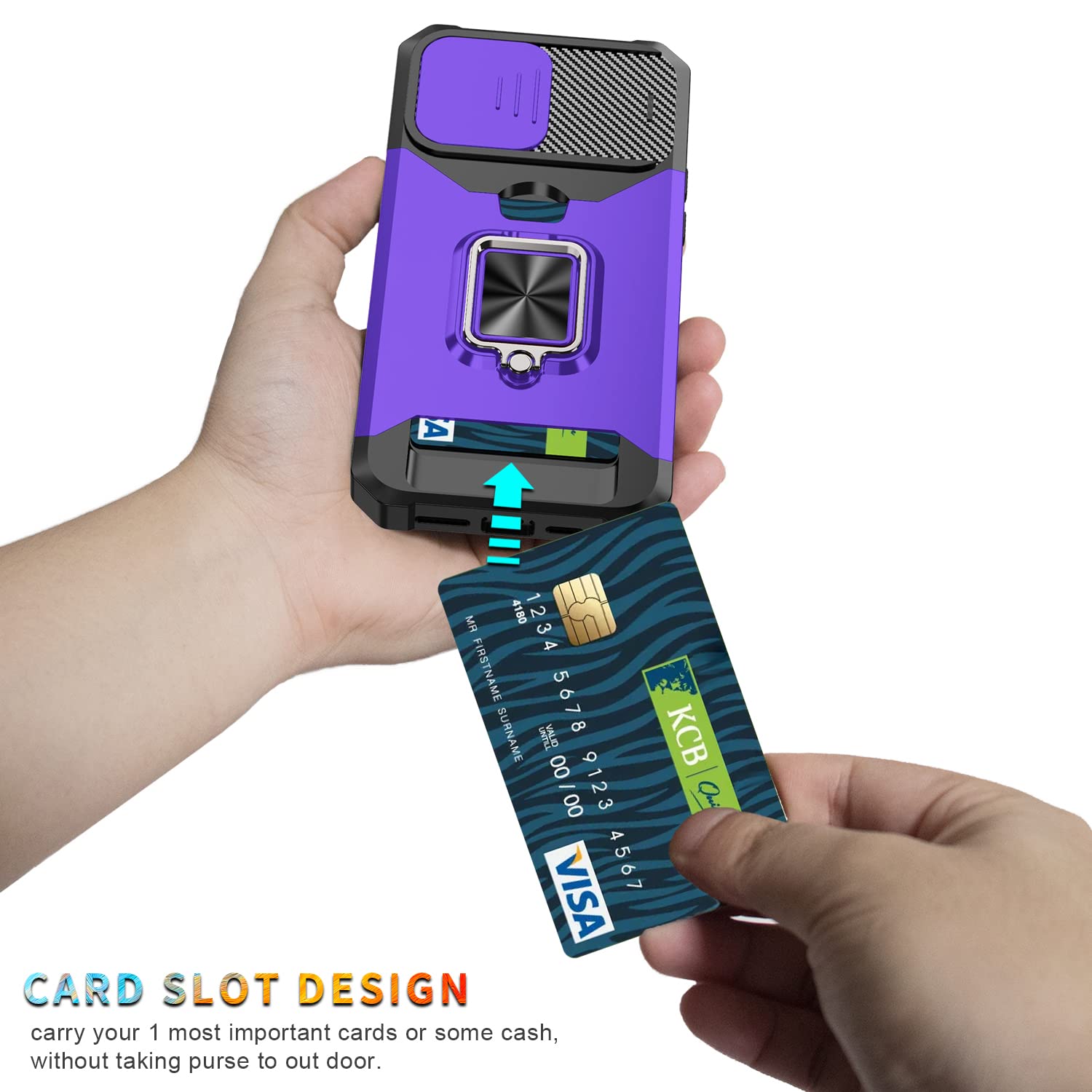 Military Shockproof iPhone 14 Pro Case with HD Screen Protector, Sliding Camera Cover & Card Holder - Purple Full Body Protective Phone Cover with Ring Kickstand | Perfect for Outdoor Activities, Travel & Daily Use