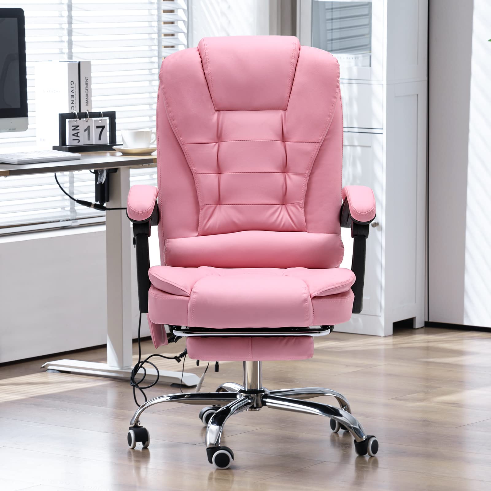 Ergonomic Reclining Office Chair with Massage & Heat - PU Leather Executive Computer Chair with Footrest, Padded Armrest & High Back Support - Swivel Recliner for Home Office, Study & Gaming (Pink) - Perfect for Long Work Hours, Relaxation & Productivity