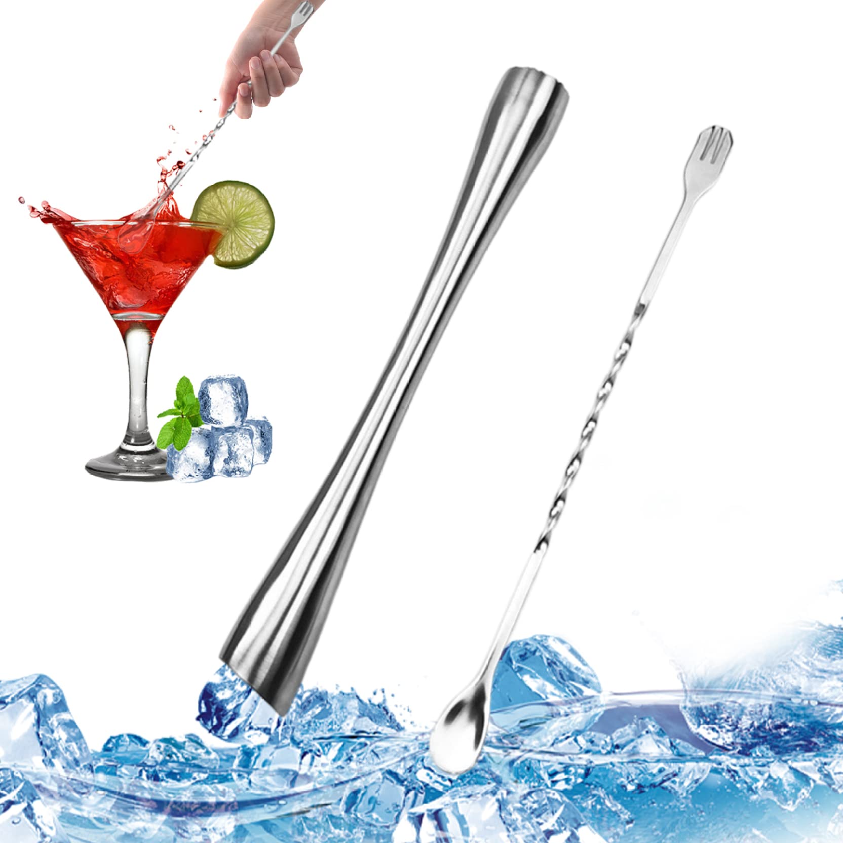 Premium Stainless Steel Cocktail Muddler & Bar Spoon Set - Bartender Tools for Mojito, Old Fashioned & Fresh Fruit Mixing - Durable Bar Accessories for Home & Professional Use - Perfect for Cocktail Parties, Bars & Mixology Enthusiasts