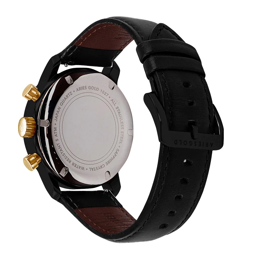 ARIES GOLD URBAN ETERNAL Black Stainless Steel Men's Watch with Genuine Leather Strap - Perfect for Business, Casual Wear & Formal Occasions