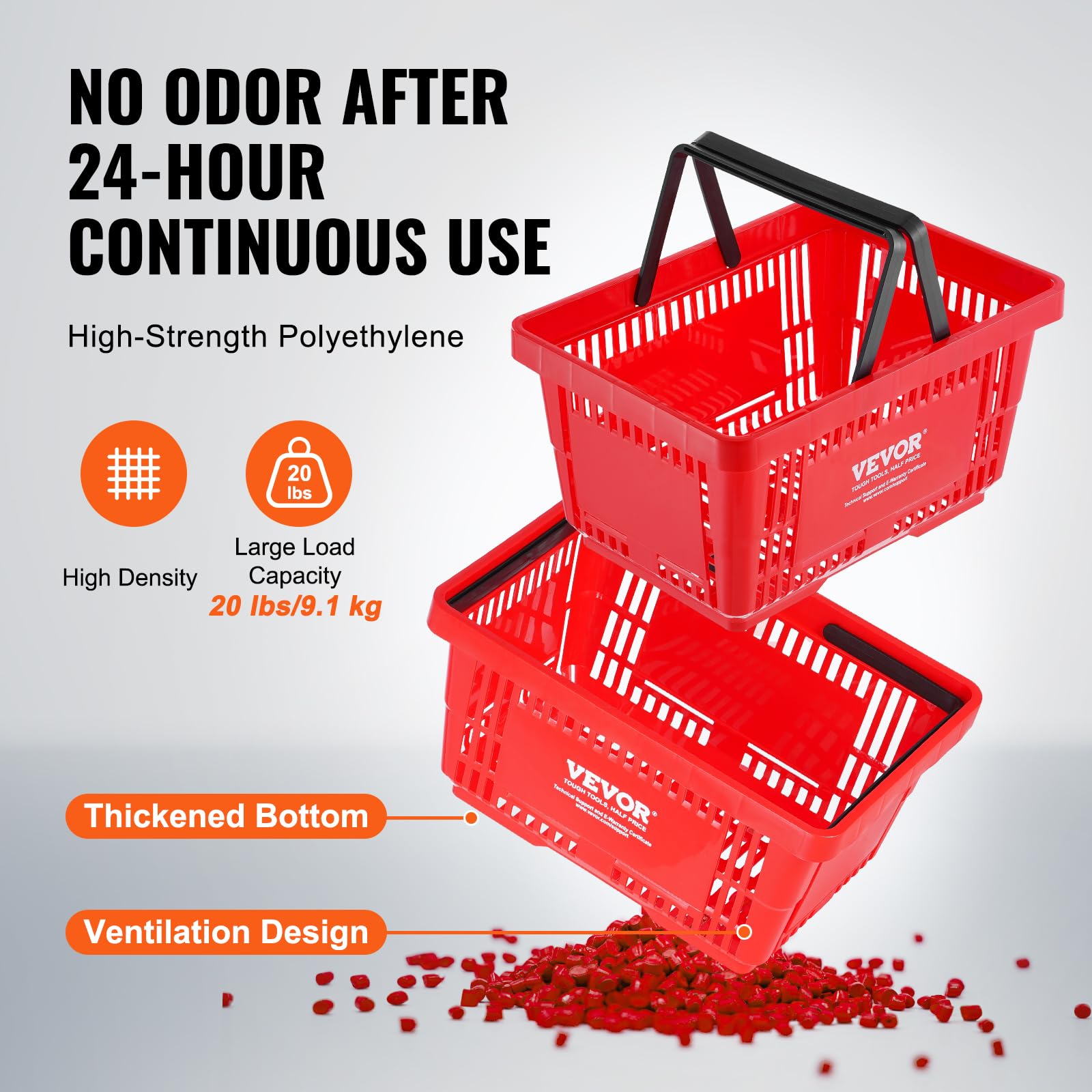 VEVOR 12-Pack Plastic Shopping Baskets with Handles - 24L Durable Grocery Baskets for Retail Stores, Supermarkets & Shopping - 16.73 x 11.61 x 8.86 Inches (Red) - Perfect for Checkout Counters, Produce Display & Bulk Shopping Organization