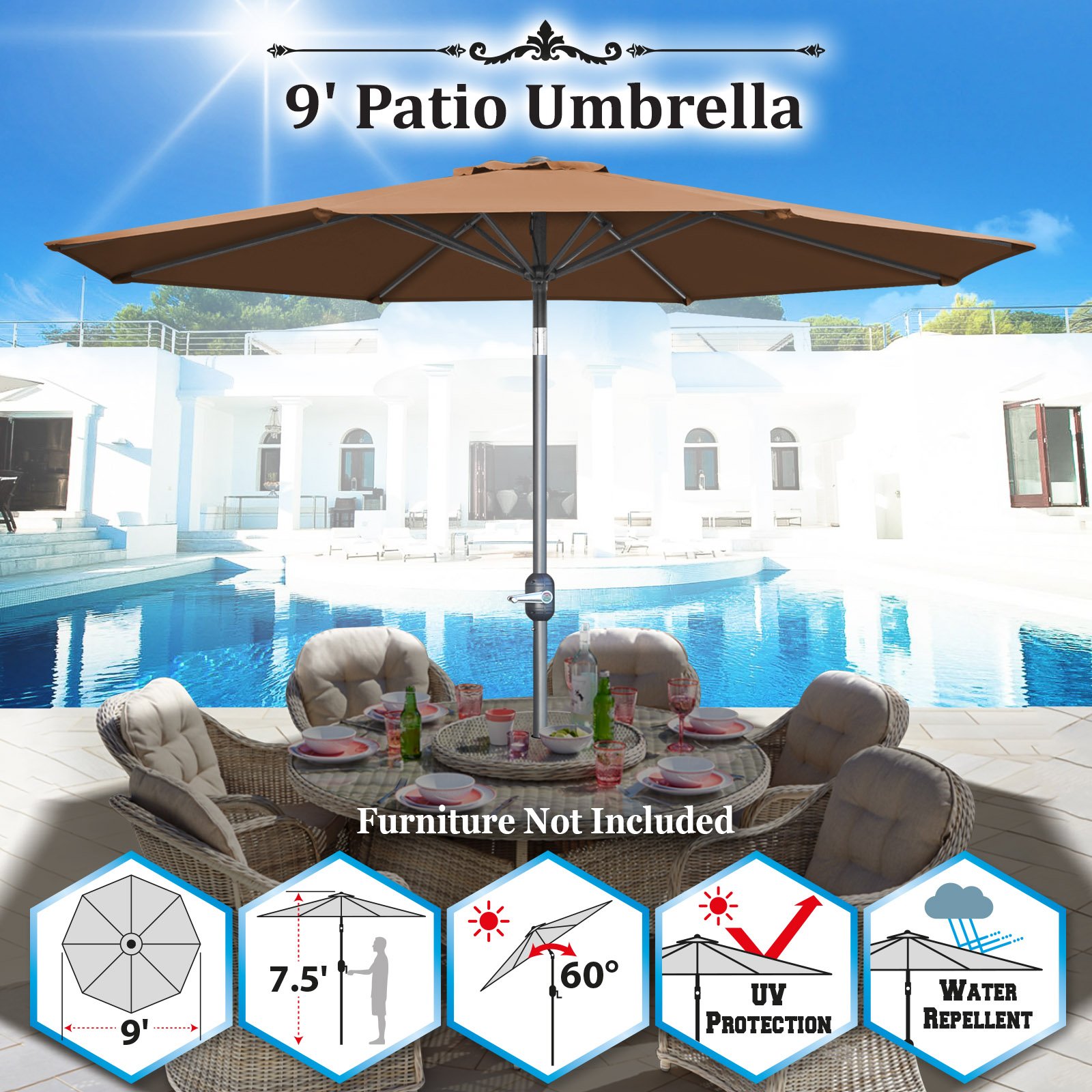 BenefitUSA 9ft Patio Umbrella with Tilt & Crank - Outdoor Sunshade for Garden & Market Use