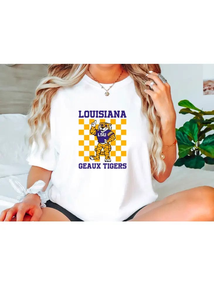 LSU Tigers Checker Print White T-Shirt - Comfortable Cotton Tee for Game Day, School Spirit & Casual Wear